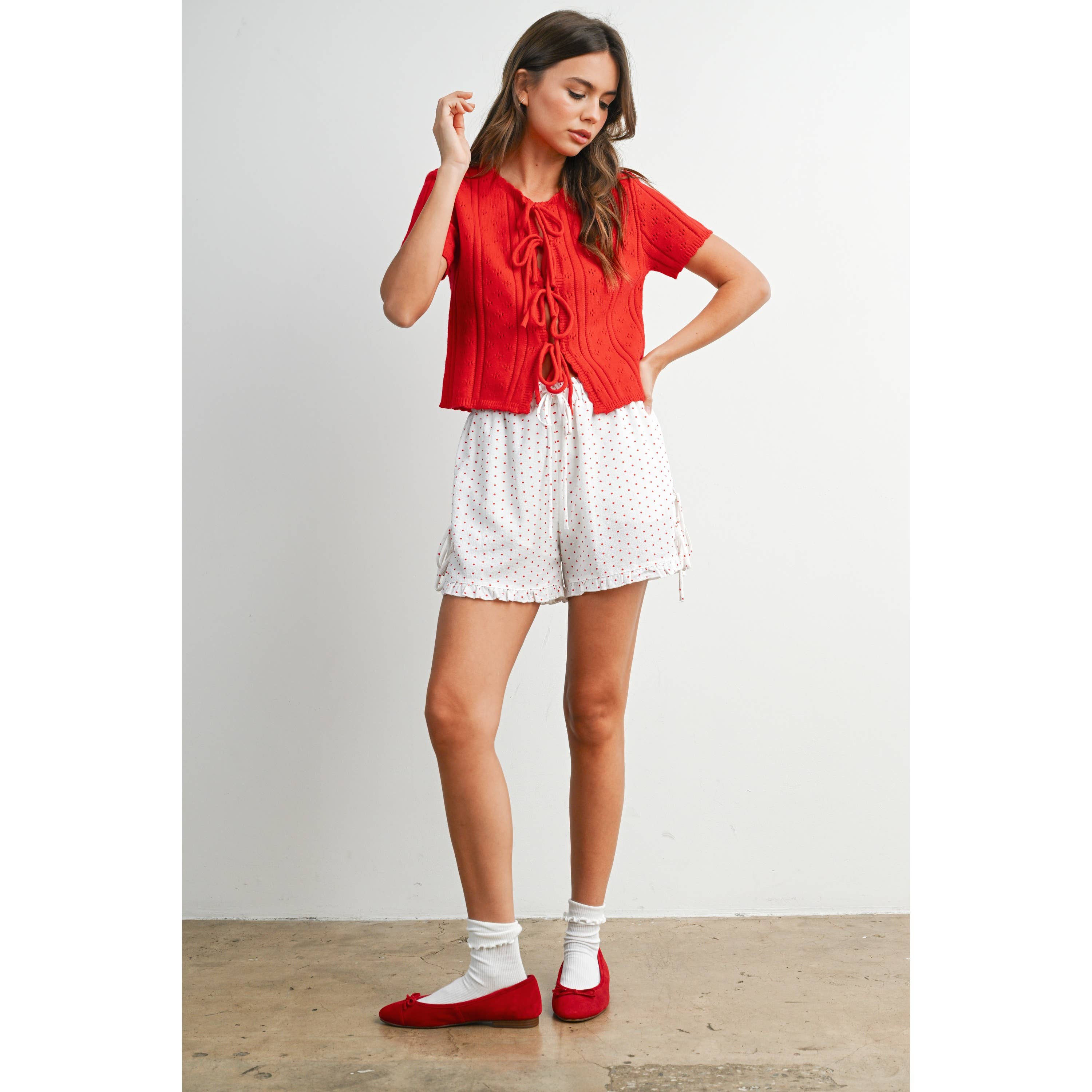 Polka Dot Ruffle Hem Tie-Side Shorts - BMP8189: IVORY / BLACK / L