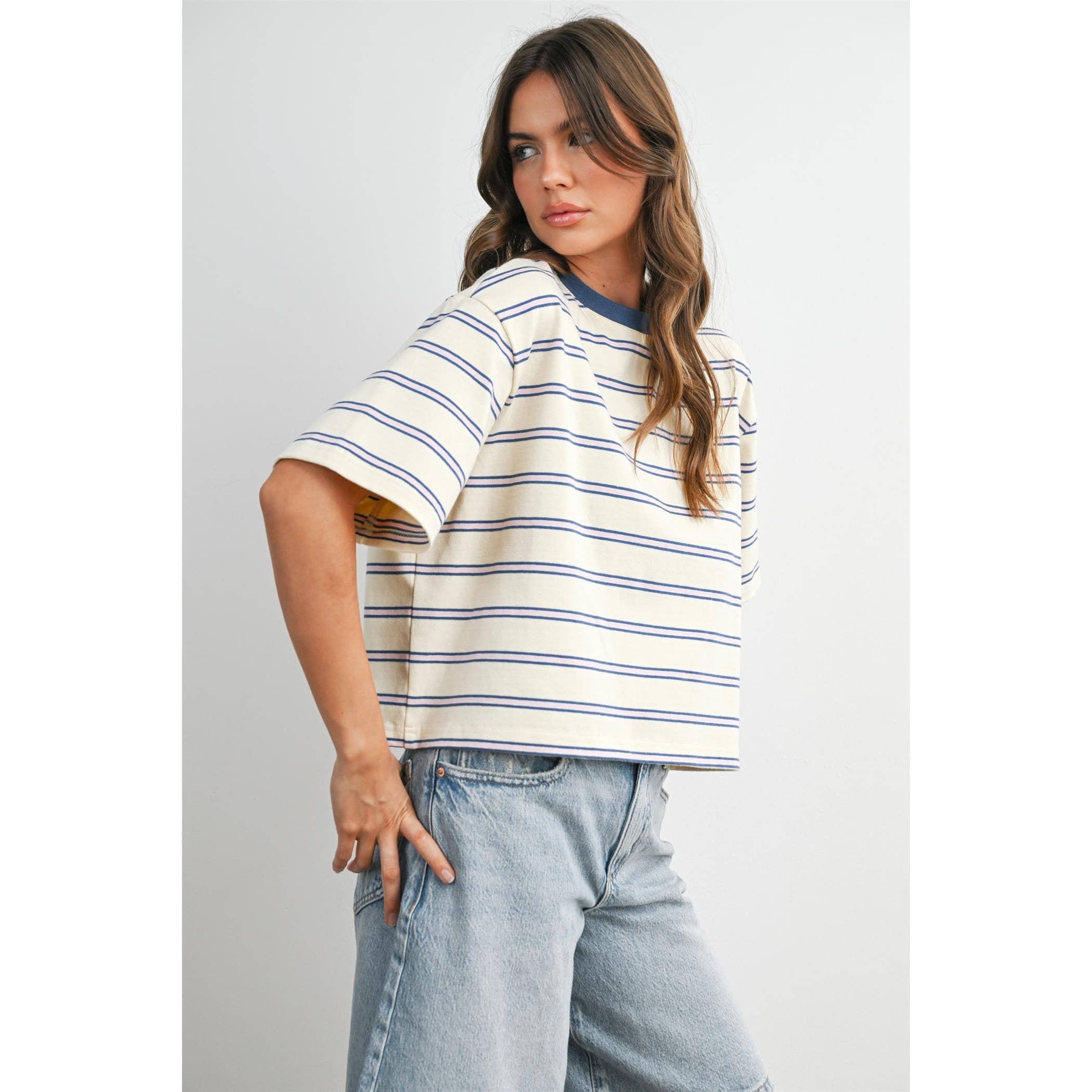 Striped Boxy Cropped T-Shirt - BMT8347: GREEN / PINK / M