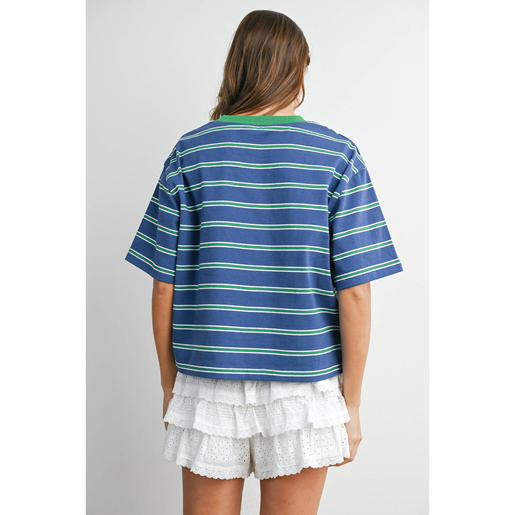 Striped Boxy Cropped T-Shirt - BMT8347: GREEN / PINK / S