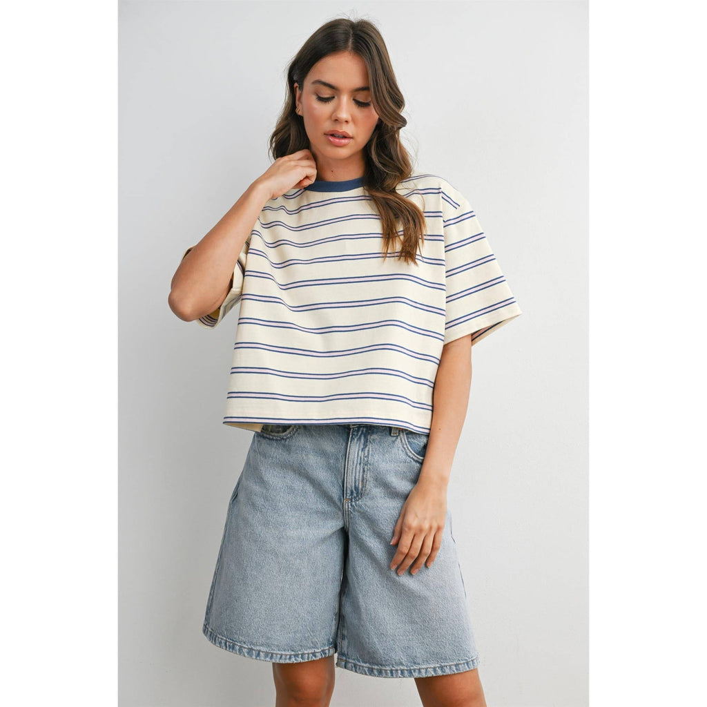 Striped Boxy Cropped T-Shirt - BMT8347: GREEN / PINK / S