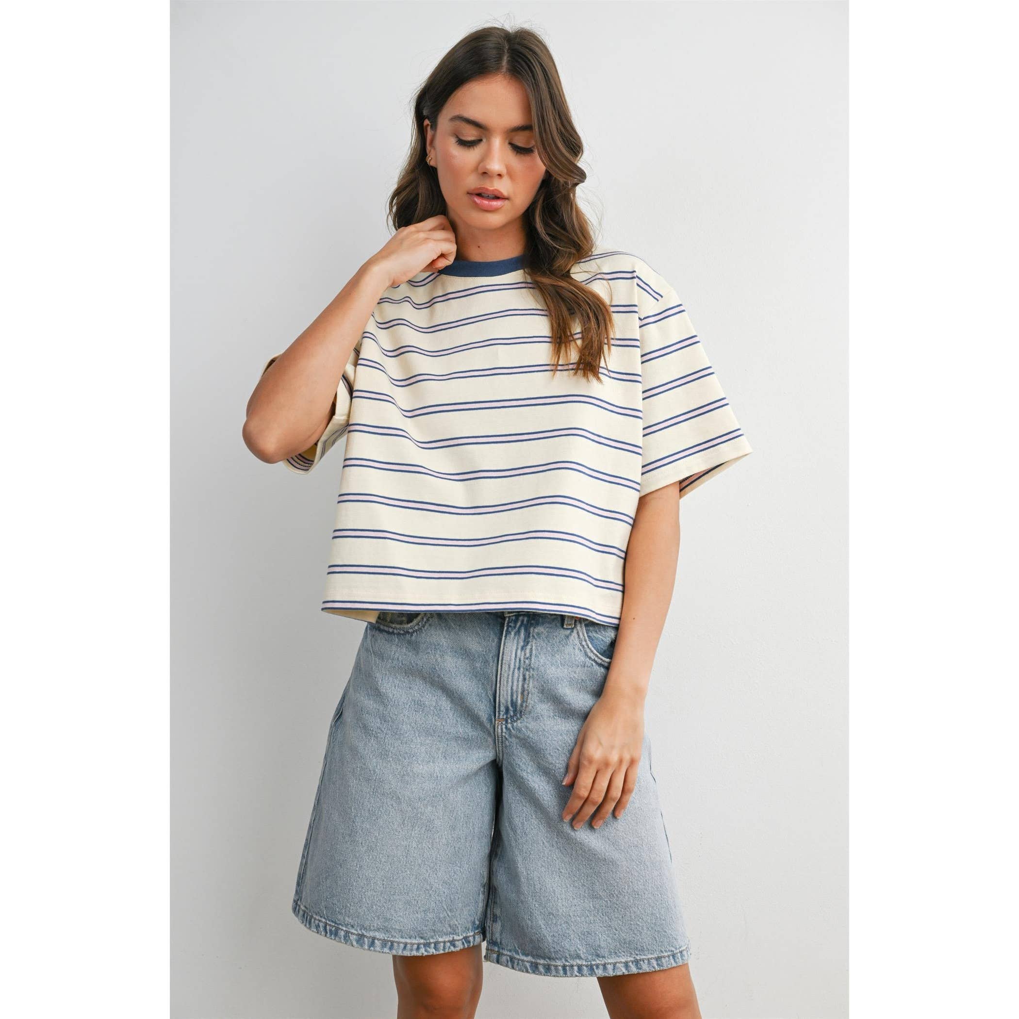 Striped Boxy Cropped T-Shirt - BMT8347: GREEN / PINK / S