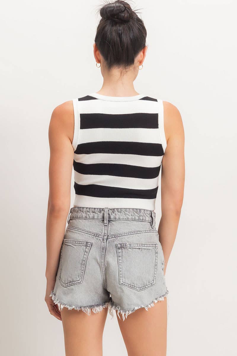 Striped Crop Tank Knit Top: SAGE GREEN / S-M-L(2-2-2)