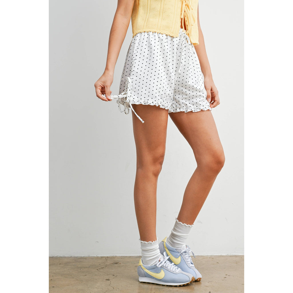 Polka Dot Ruffle Hem Tie-Side Shorts - BMP8189: IVORY / BLACK / S