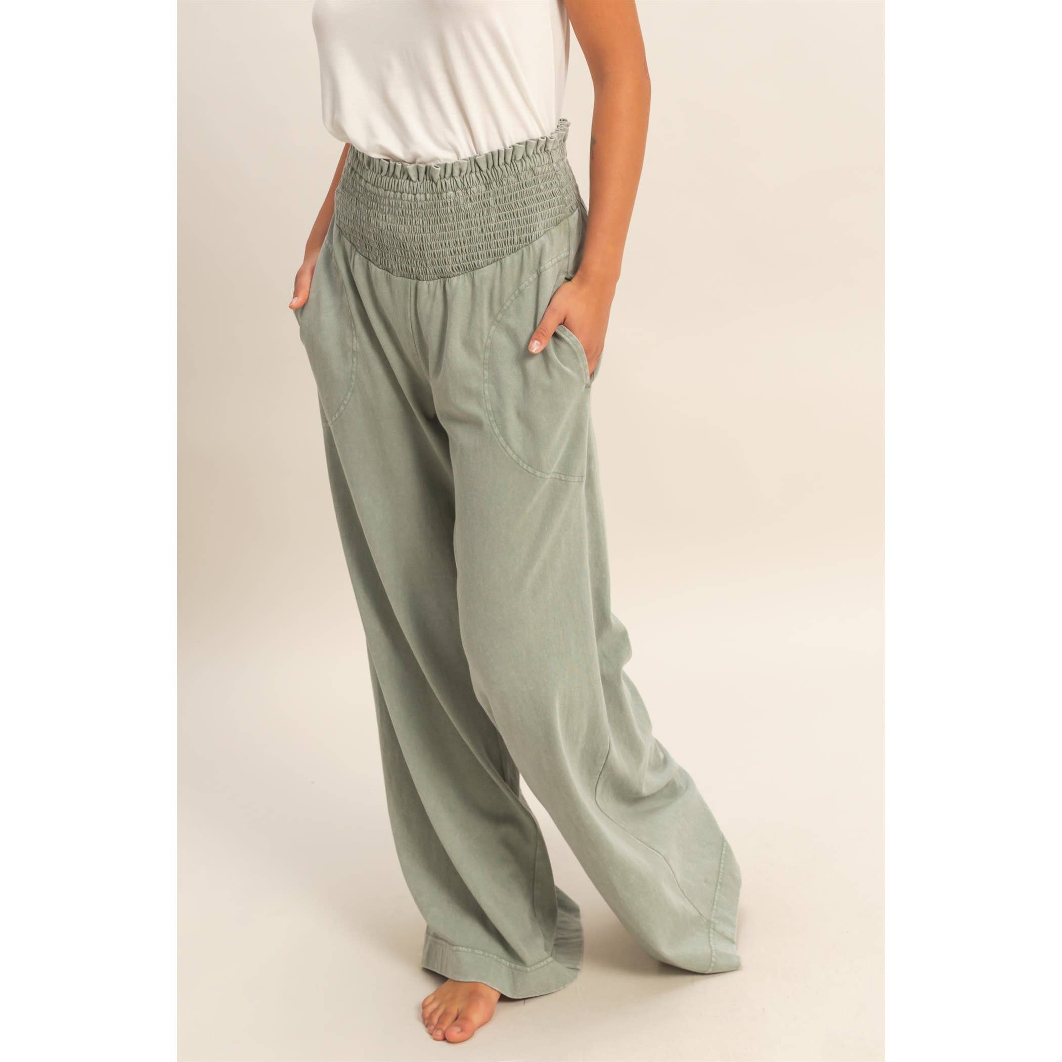 Mineral Washed Wide-Leg Smocked Waist Pants: SOFT PINK / S-M-L(2-2-2)