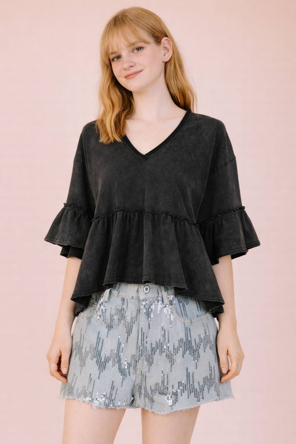 Mineral Washed Ruffle Detail Knit Top: BLUE /
