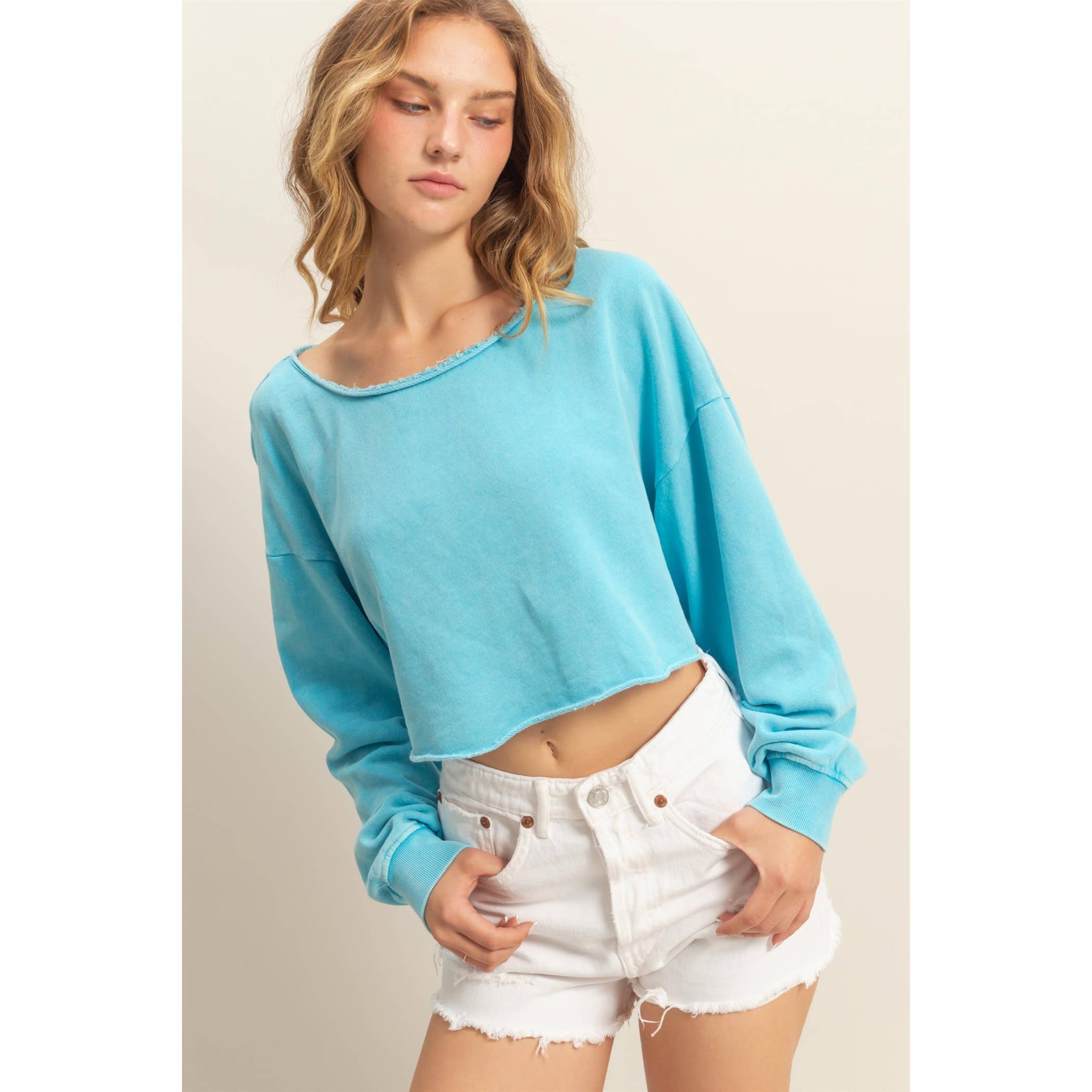 Frayed Detail Long Sleeve Crop Top: SAGE GREEN / S-M-L(2-2-2)