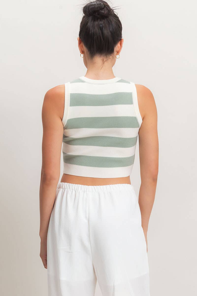 Striped Crop Tank Knit Top: SAGE GREEN / S-M-L(2-2-2)