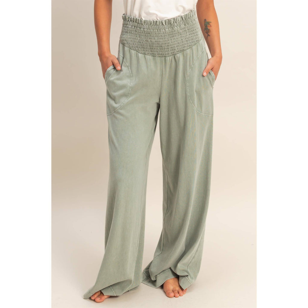 Mineral Washed Wide-Leg Smocked Waist Pants: SOFT PINK / S-M-L(2-2-2)