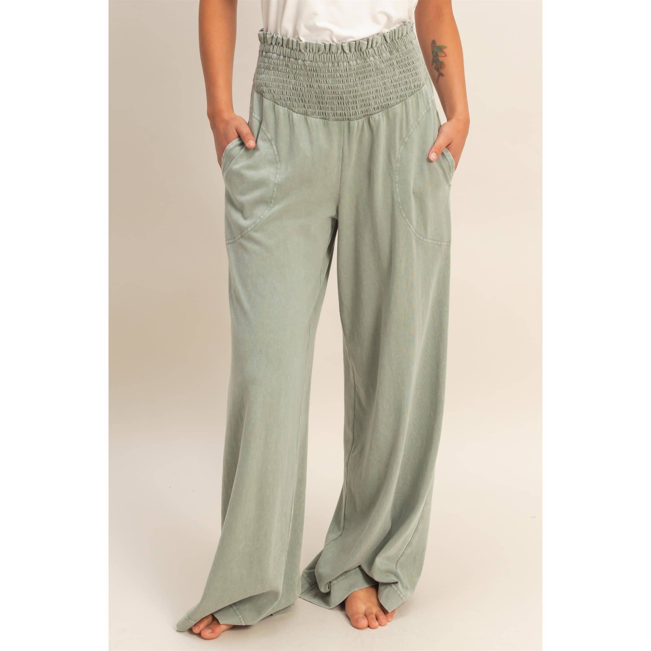 Mineral Washed Wide-Leg Smocked Waist Pants: SOFT PINK / S-M-L(2-2-2)