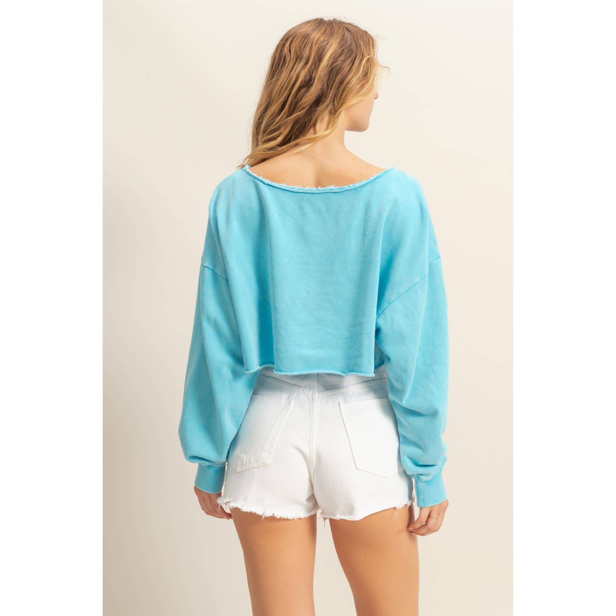 Frayed Detail Long Sleeve Crop Top: SAGE GREEN / S-M-L(2-2-2)