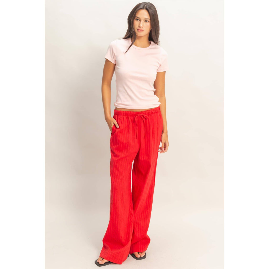 Pinstriped Jacquard Drawstring Pants: NAVY / S-M-L(2-2-2)