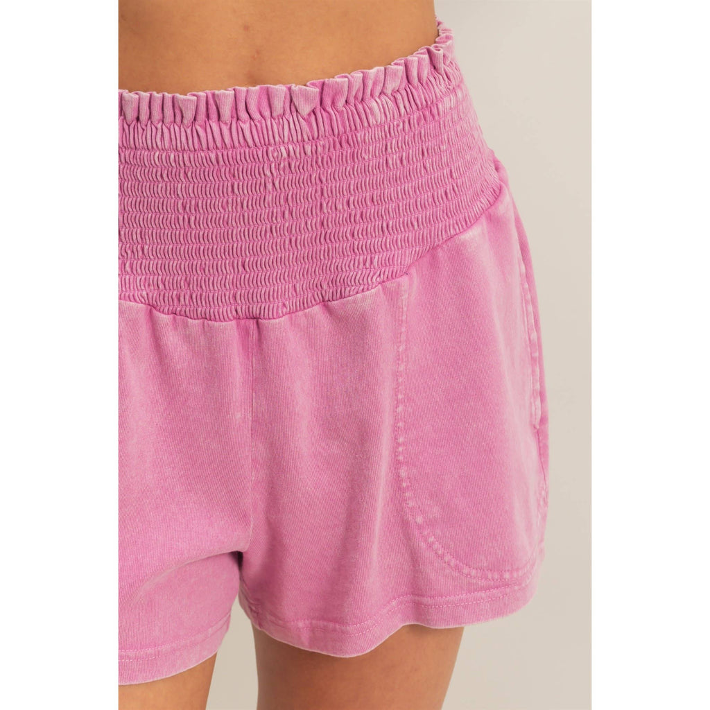 Smocked Waist Mineral Wash Shorts: FUCHSIA / S-M-L(2-2-2)