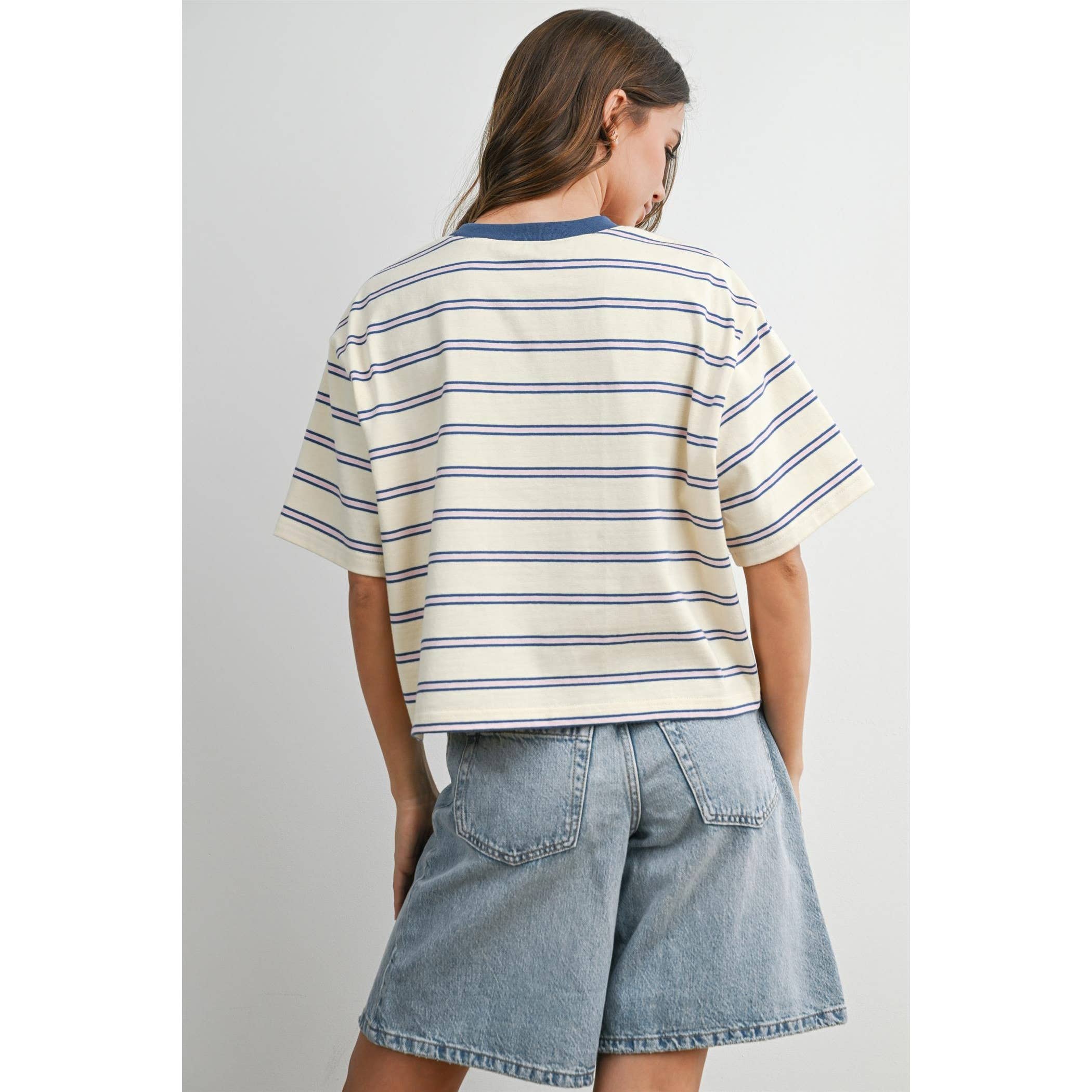 Striped Boxy Cropped T-Shirt - BMT8347: GREEN / PINK / S