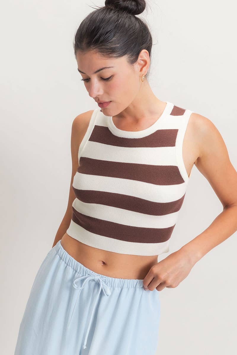 Striped Crop Tank Knit Top: PINK / S-M-L(2-2-2)