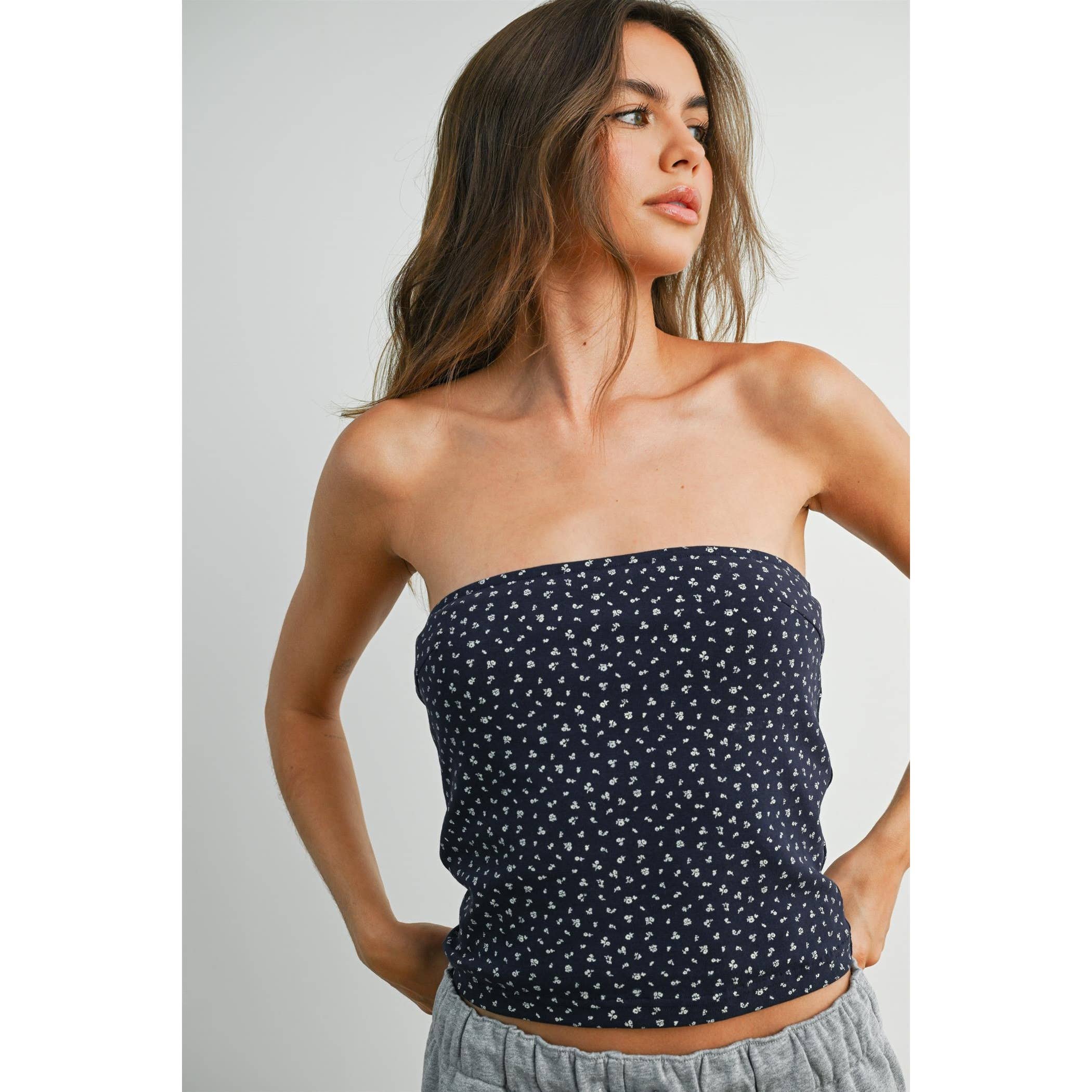Floral Print Sleeveless Tube Top - BMT7942: NAVY MULTI / M