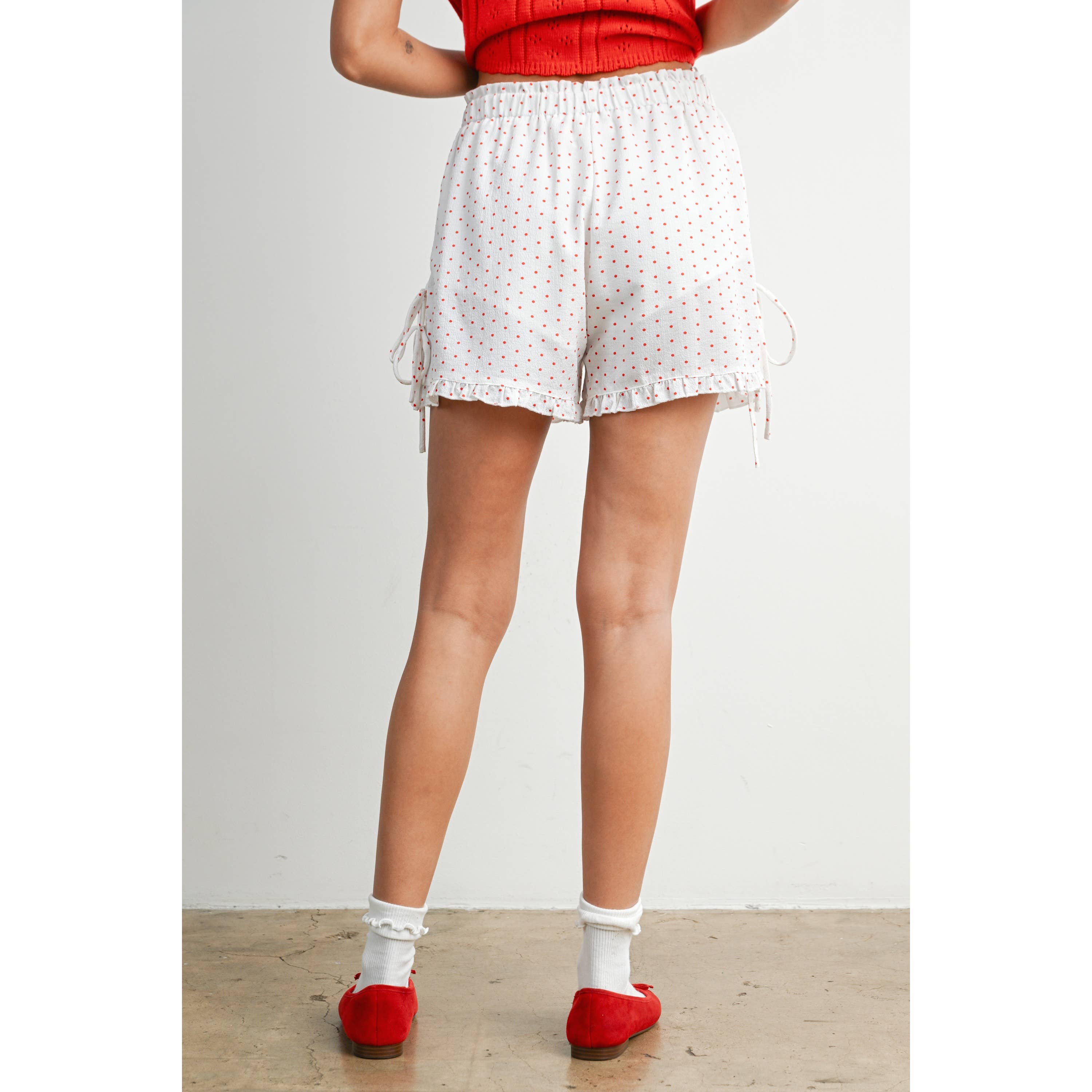 Polka Dot Ruffle Hem Tie-Side Shorts - BMP8189: IVORY / BLACK / L