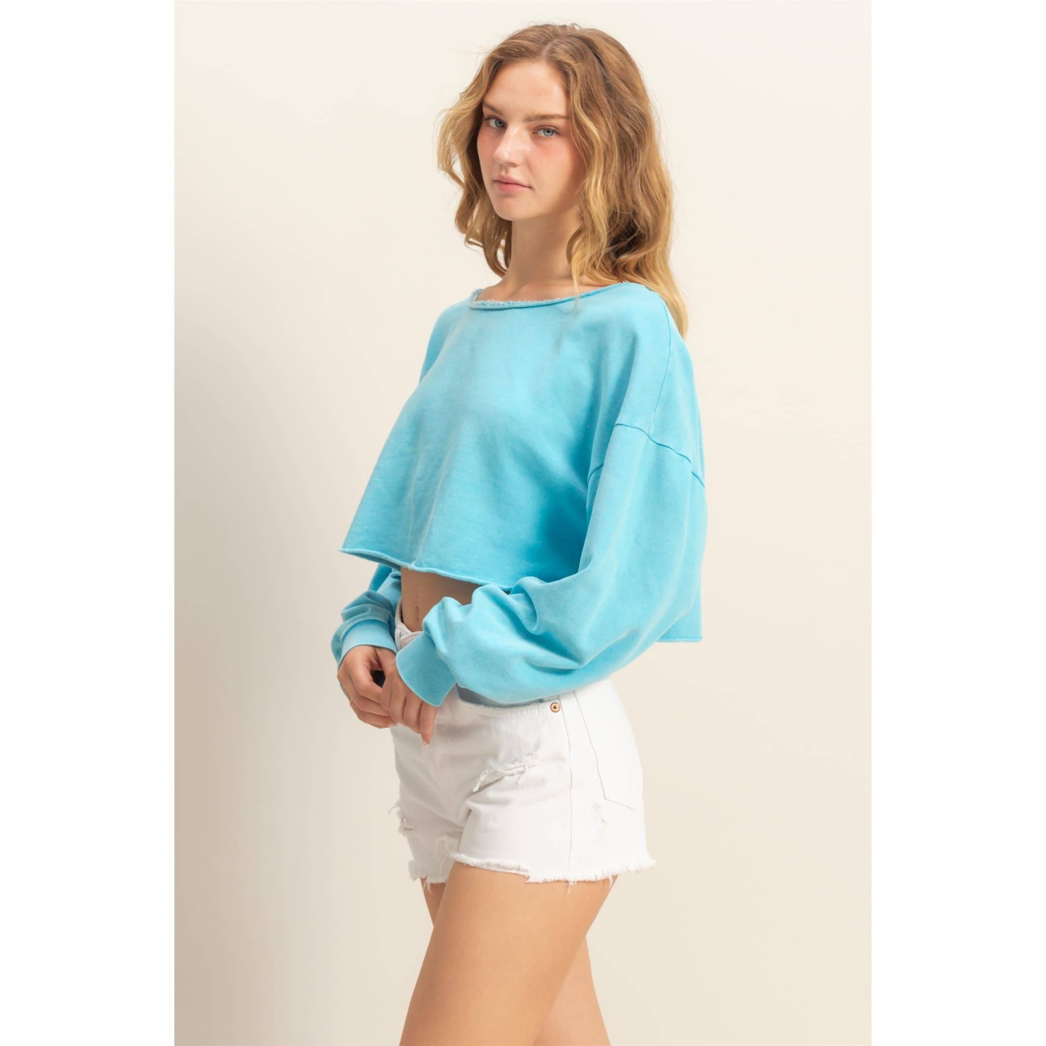 Frayed Detail Long Sleeve Crop Top: SAGE GREEN / S-M-L(2-2-2)