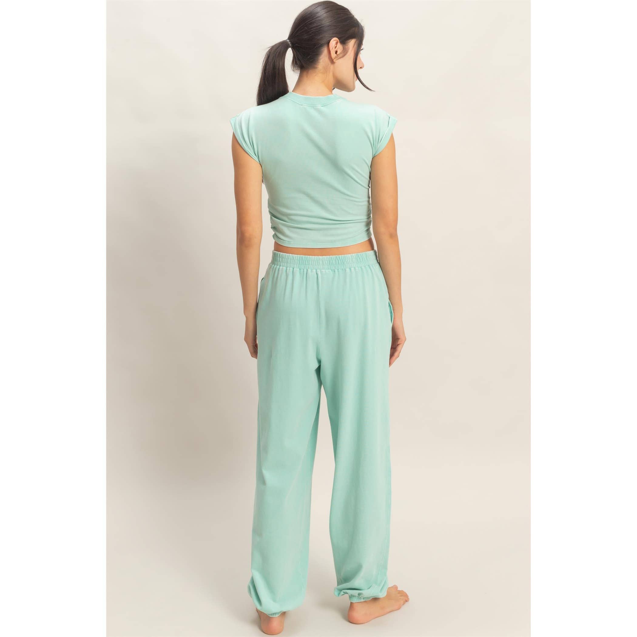 Rolled Sleeve Wrap-Front Crop Top And Jogger Set: SAGE GREEN / S-M-L(2-2-2)