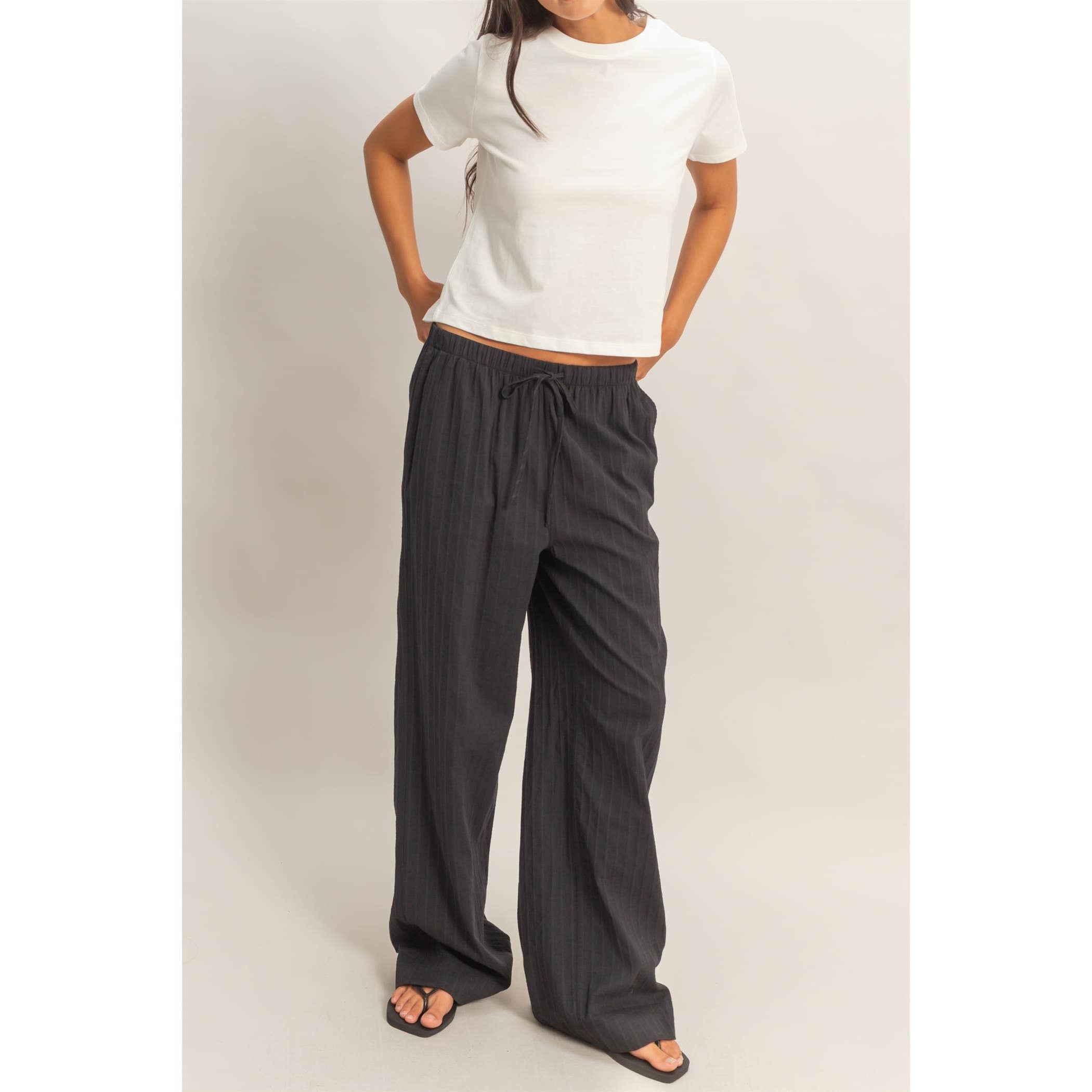 Pinstriped Jacquard Drawstring Pants: NAVY / S-M-L(2-2-2)