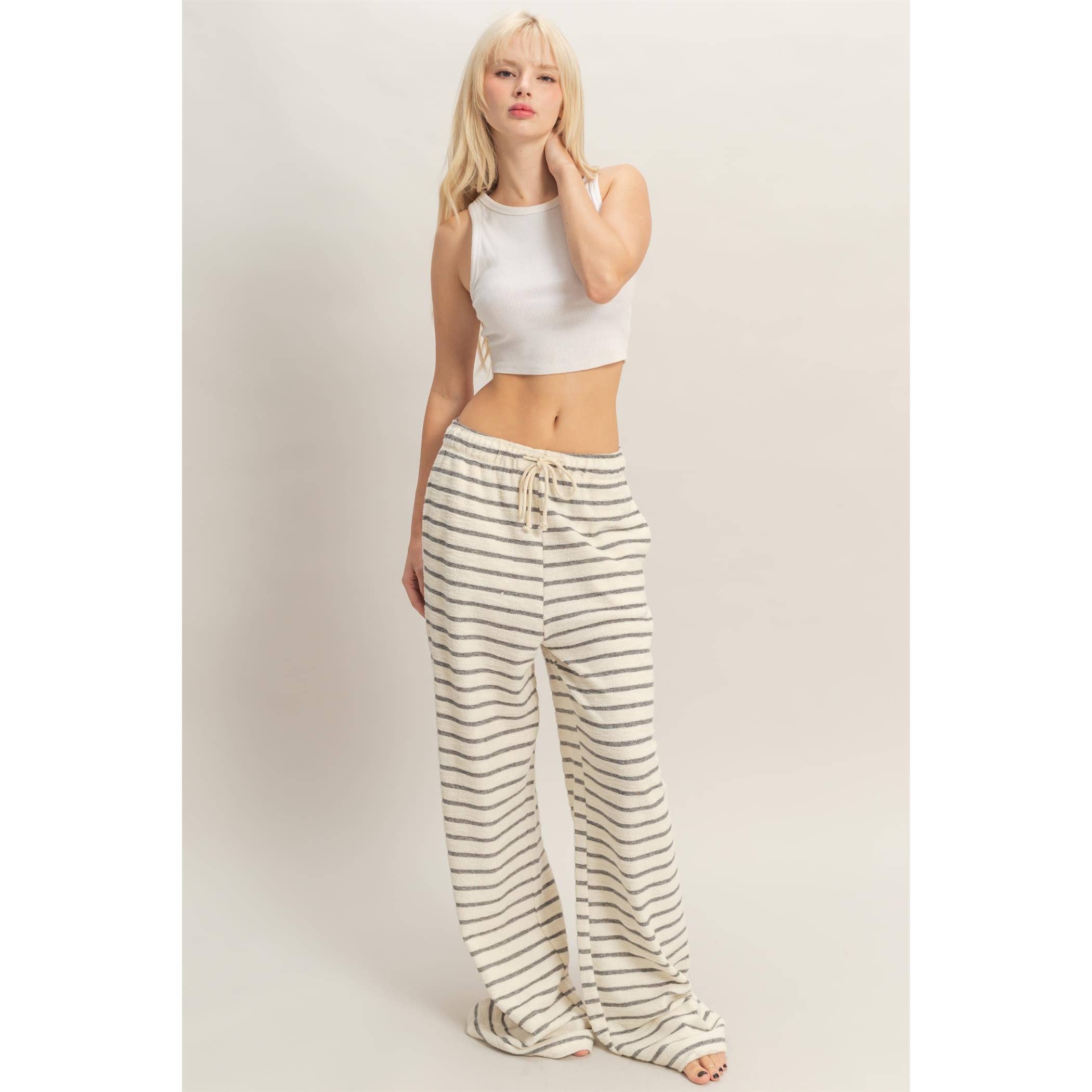 Striped Loop Terry Wide-Leg Pants: BLACK / S-M-L(2-2-2)