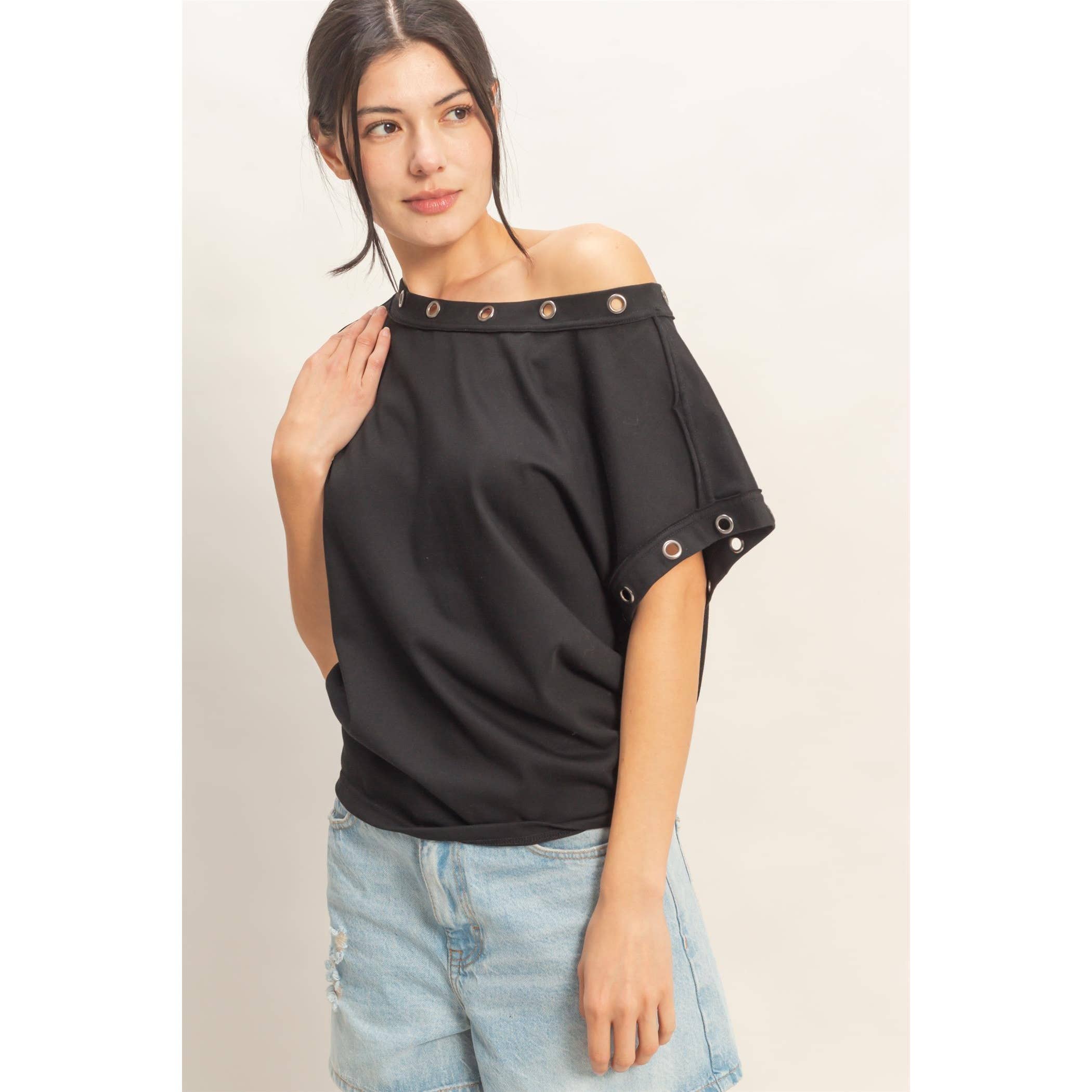 Off Shoulder Top With Eyelets: OFF WHITE