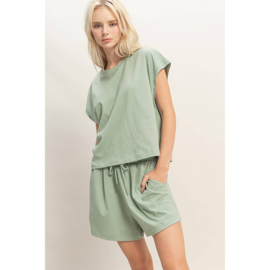 Cap Sleeve Boxy Top And Shorts Set: SAGE GREEN / S-M-L(2-2-2)