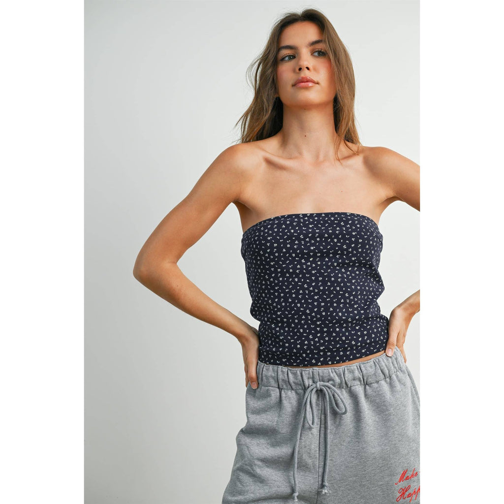 Floral Print Sleeveless Tube Top - BMT7942: NAVY MULTI / L