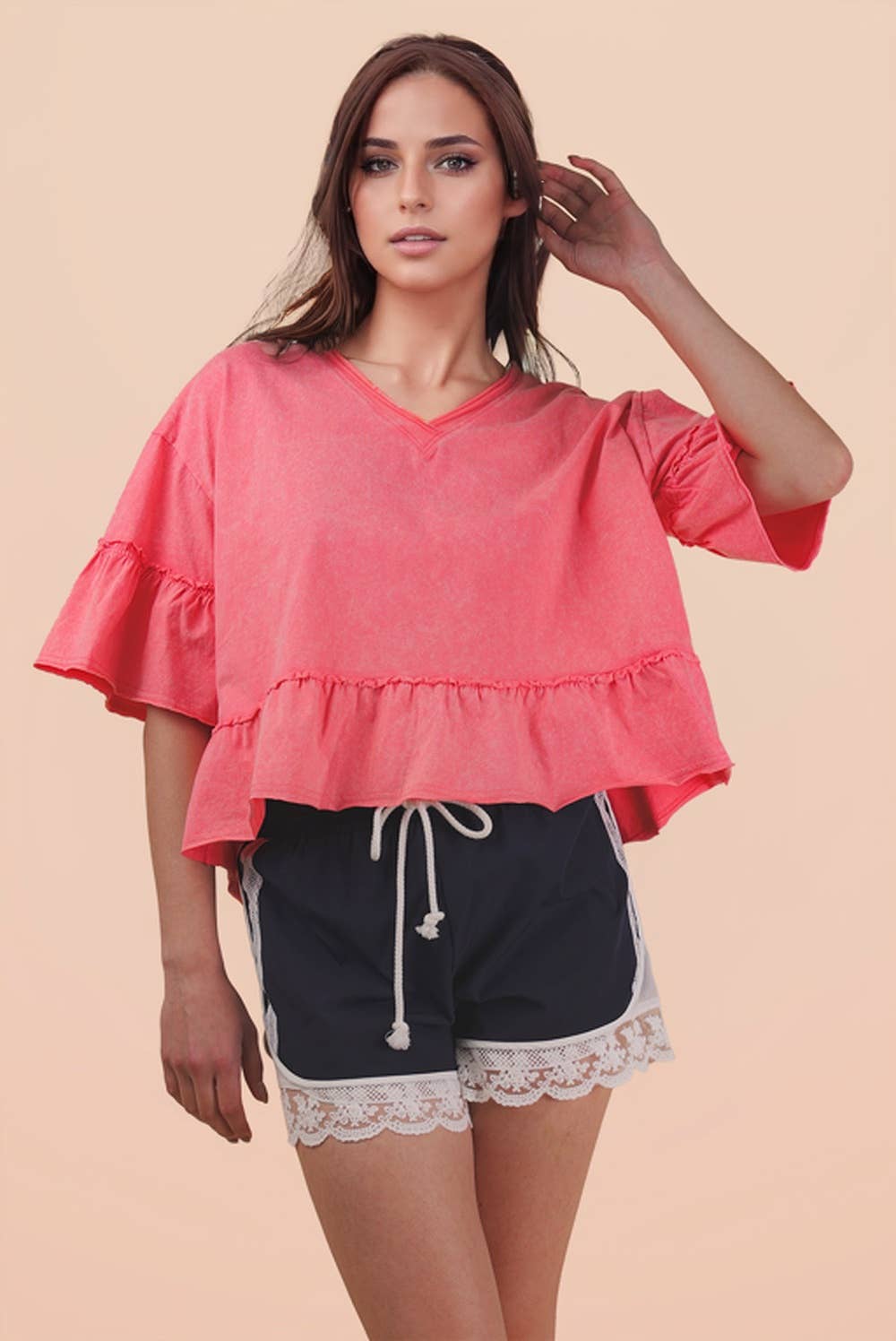 Mineral Washed Ruffle Detail Knit Top: BLUE /