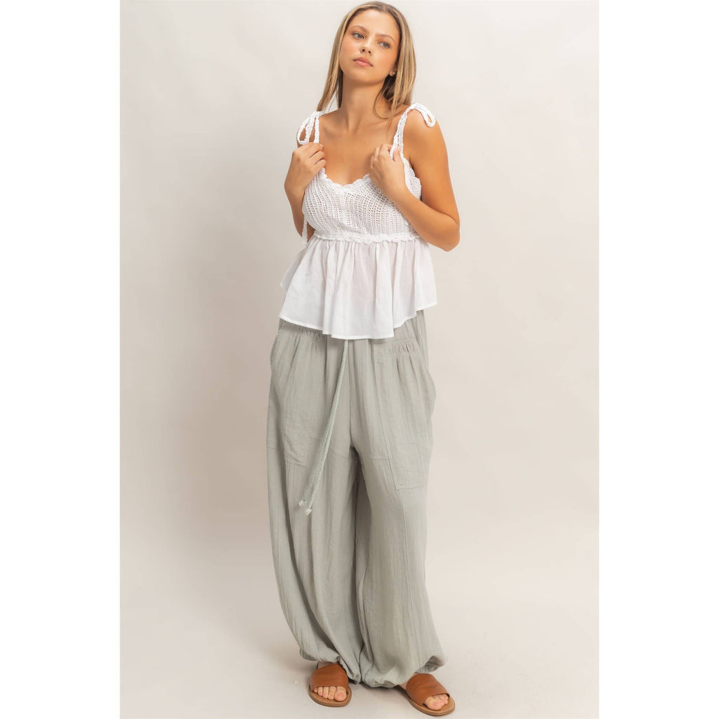 Elastic Hem Drawstring Pants: DUSTY SAGE / S-M-L(2-2-2)