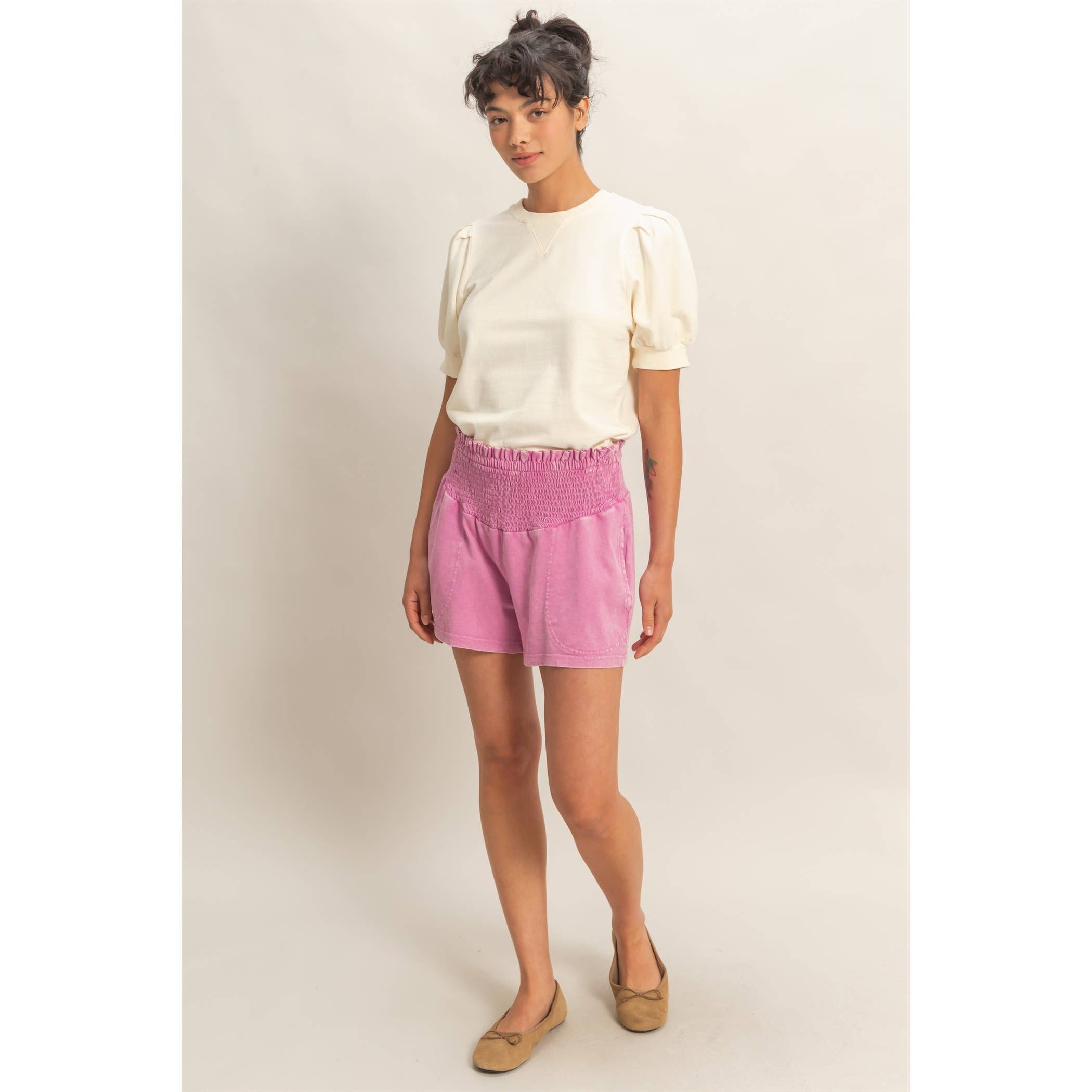 Smocked Waist Mineral Wash Shorts: FUCHSIA / S-M-L(2-2-2)