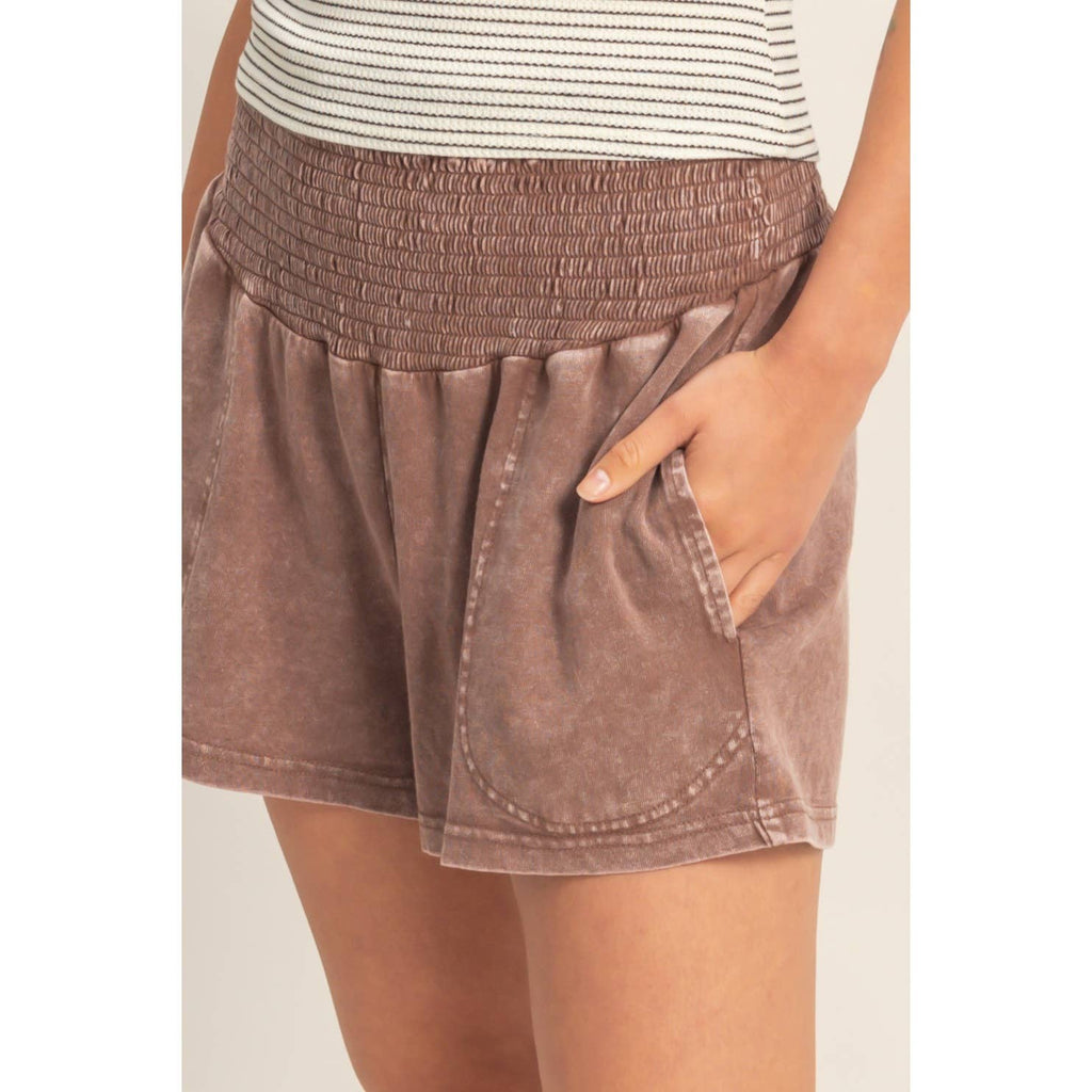 Smocked Waist Mineral Wash Shorts: FUCHSIA / S-M-L(2-2-2)