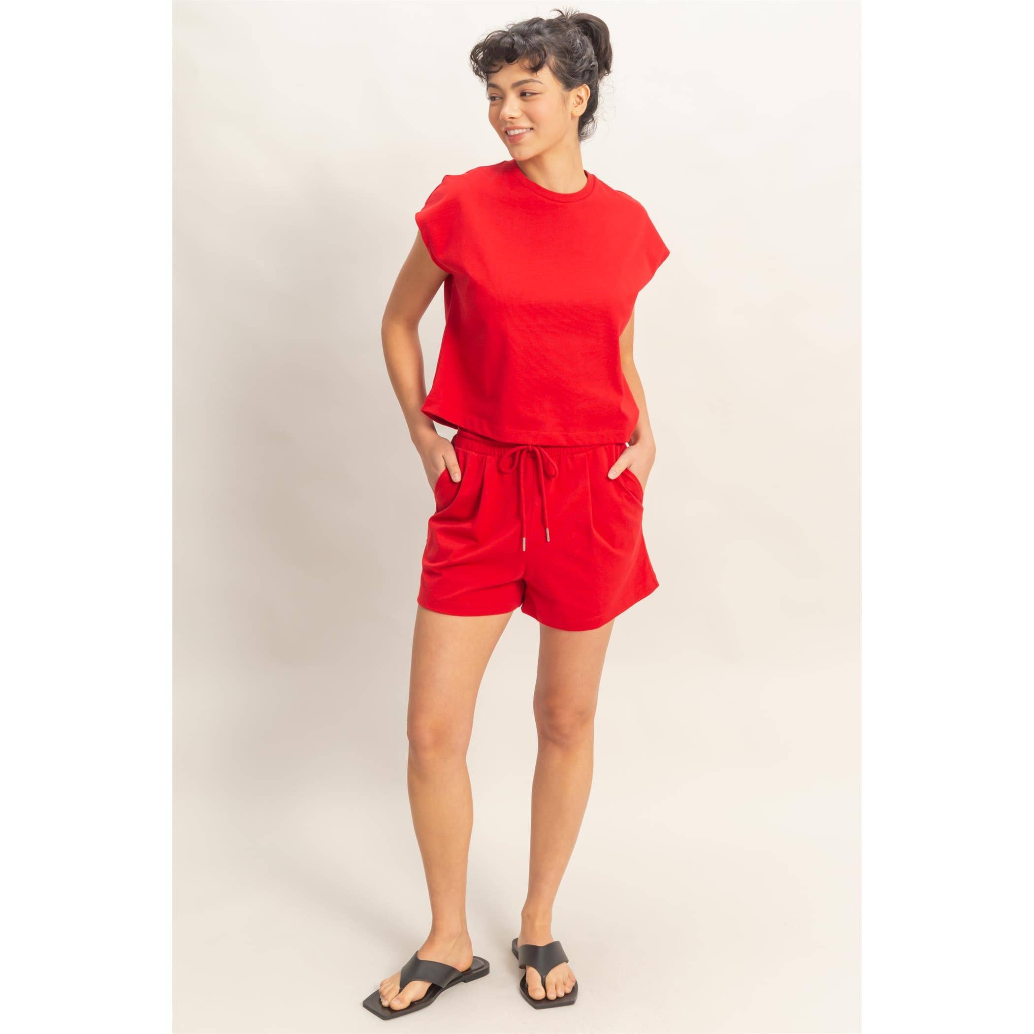 Cap Sleeve Boxy Top And Shorts Set: SAGE GREEN / S-M-L(2-2-2)