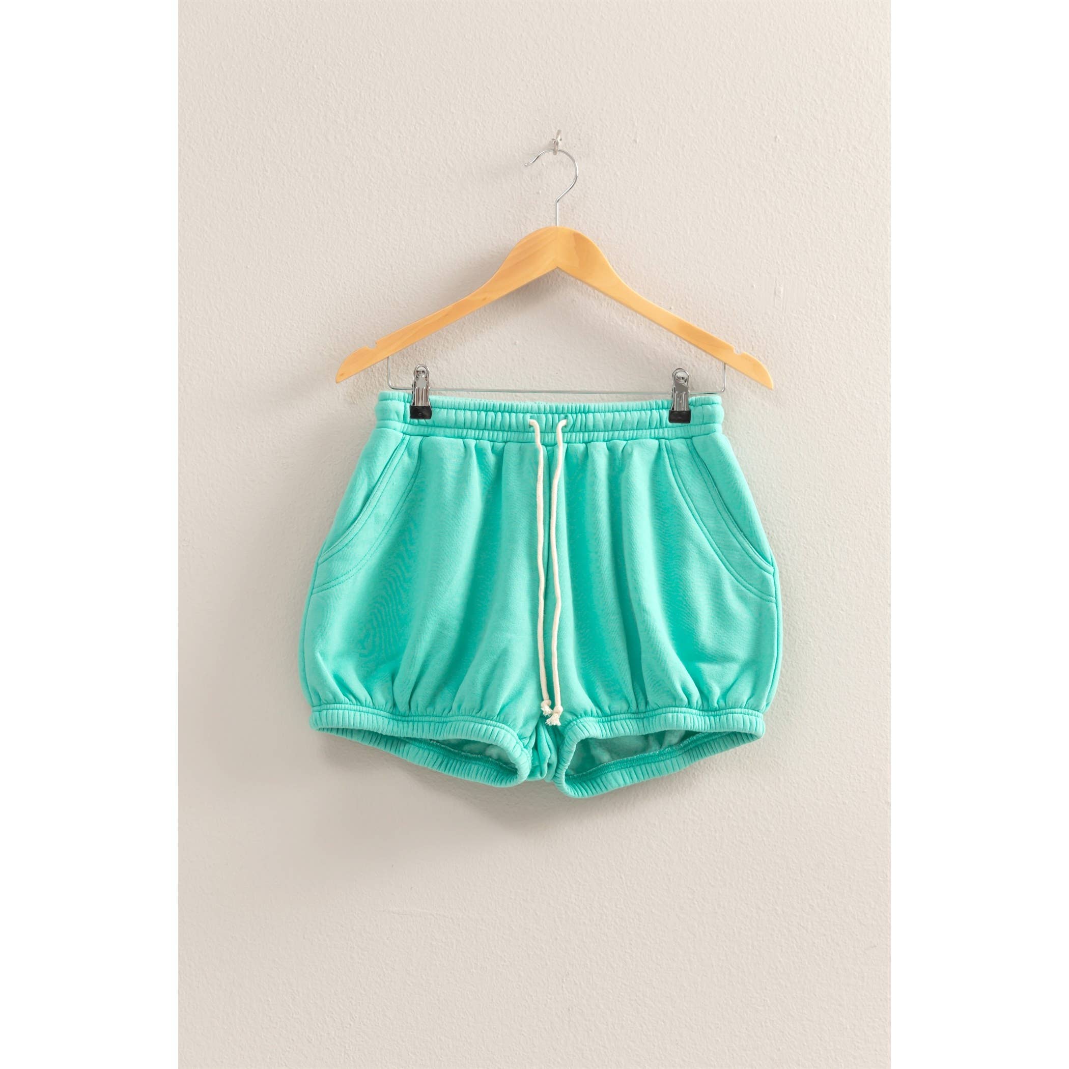 Drawstring Waist Bubbled Hem Shorts: SAGE GREEN / S-M-L(2-2-2)