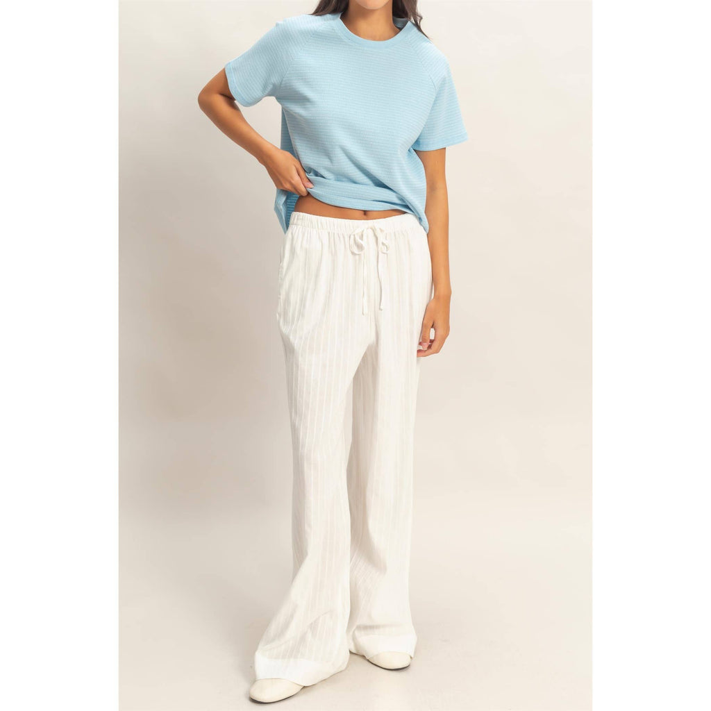 Pinstriped Jacquard Drawstring Pants: NAVY / S-M-L(2-2-2)