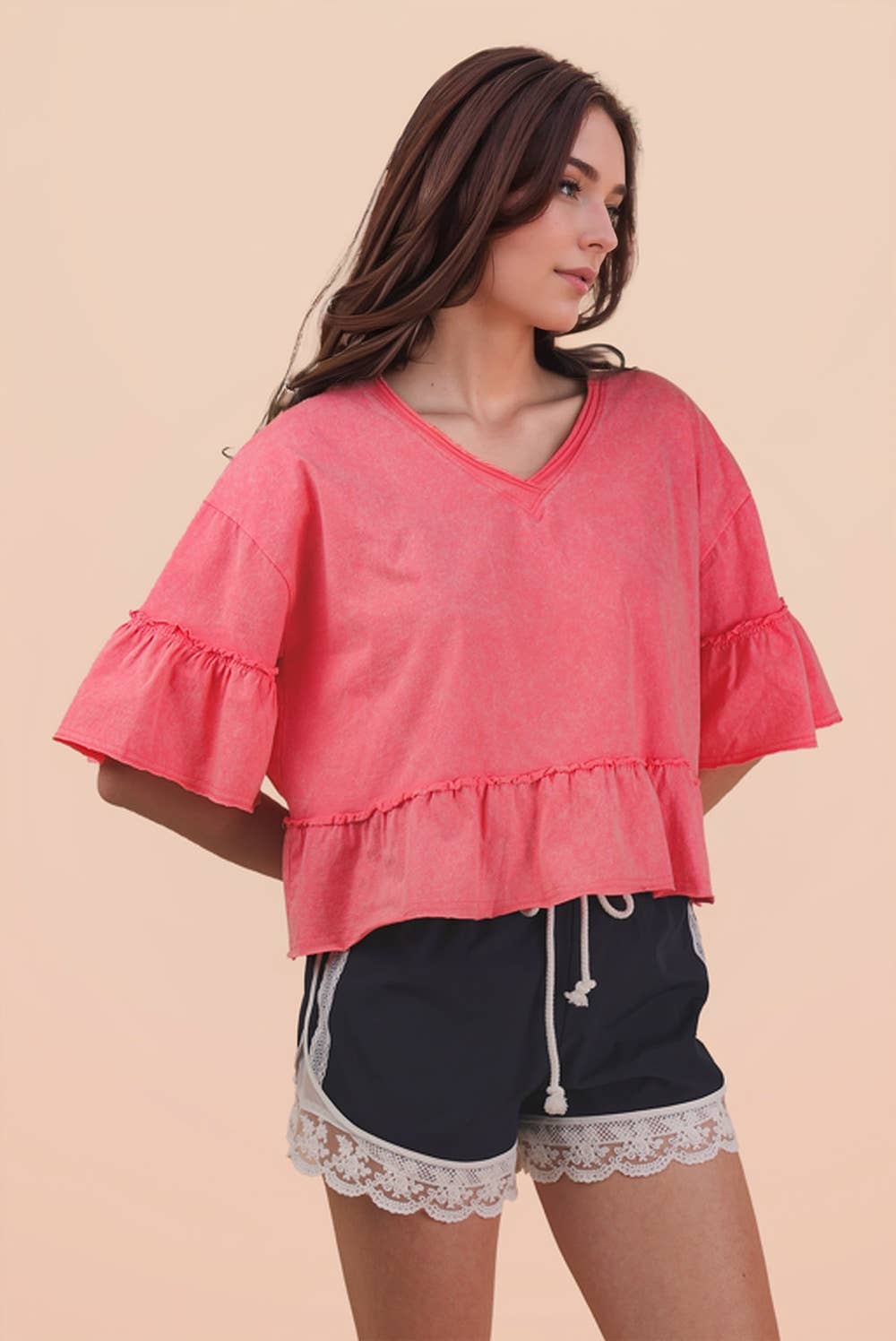 Mineral Washed Ruffle Detail Knit Top: BLUE /