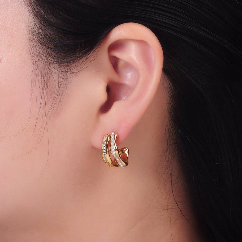 24K Gold Filled 20mm Pearl Micro Paved CZ Double Band C-Shaped Hoop Earrings | Q534