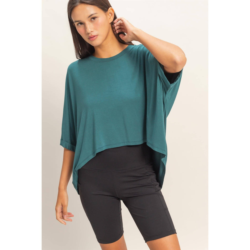 Relaxed High-Low Batwing Sleeve Top: BLUE / S-M-L(2-2-2)