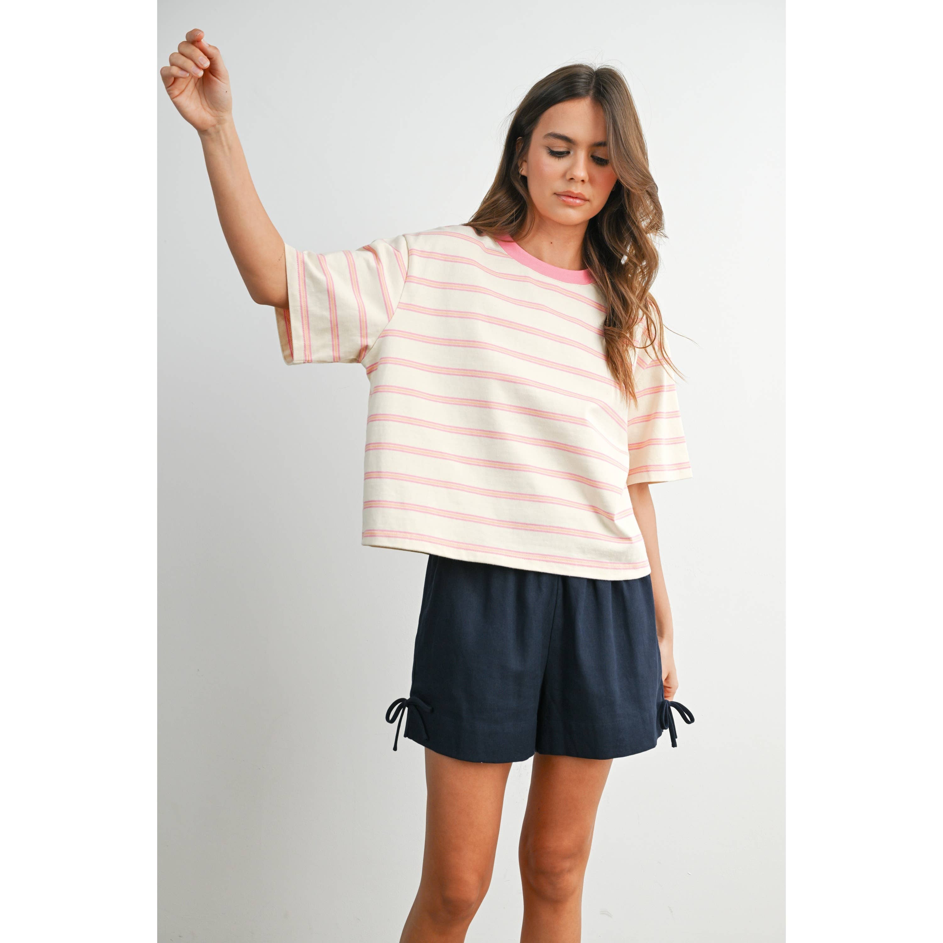 Striped Boxy Cropped T-Shirt - BMT8347: GREEN / PINK / L