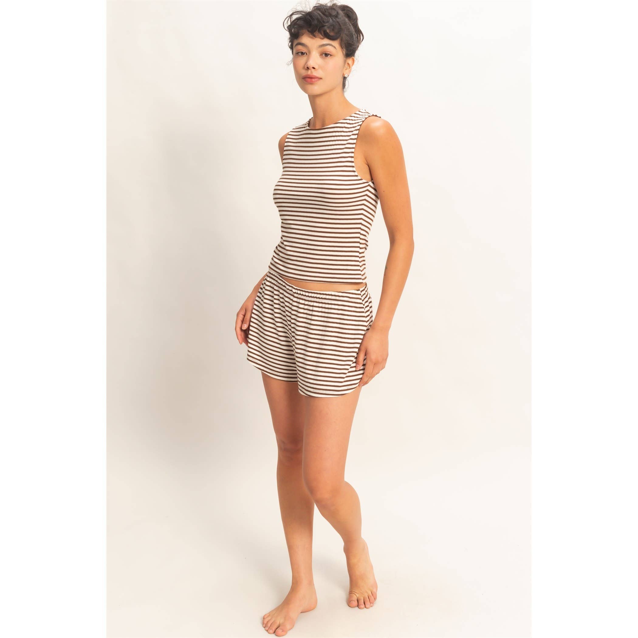 Striped Sleeveless Tank And Shorts Set: BLACK / S-M-L(2-2-2)