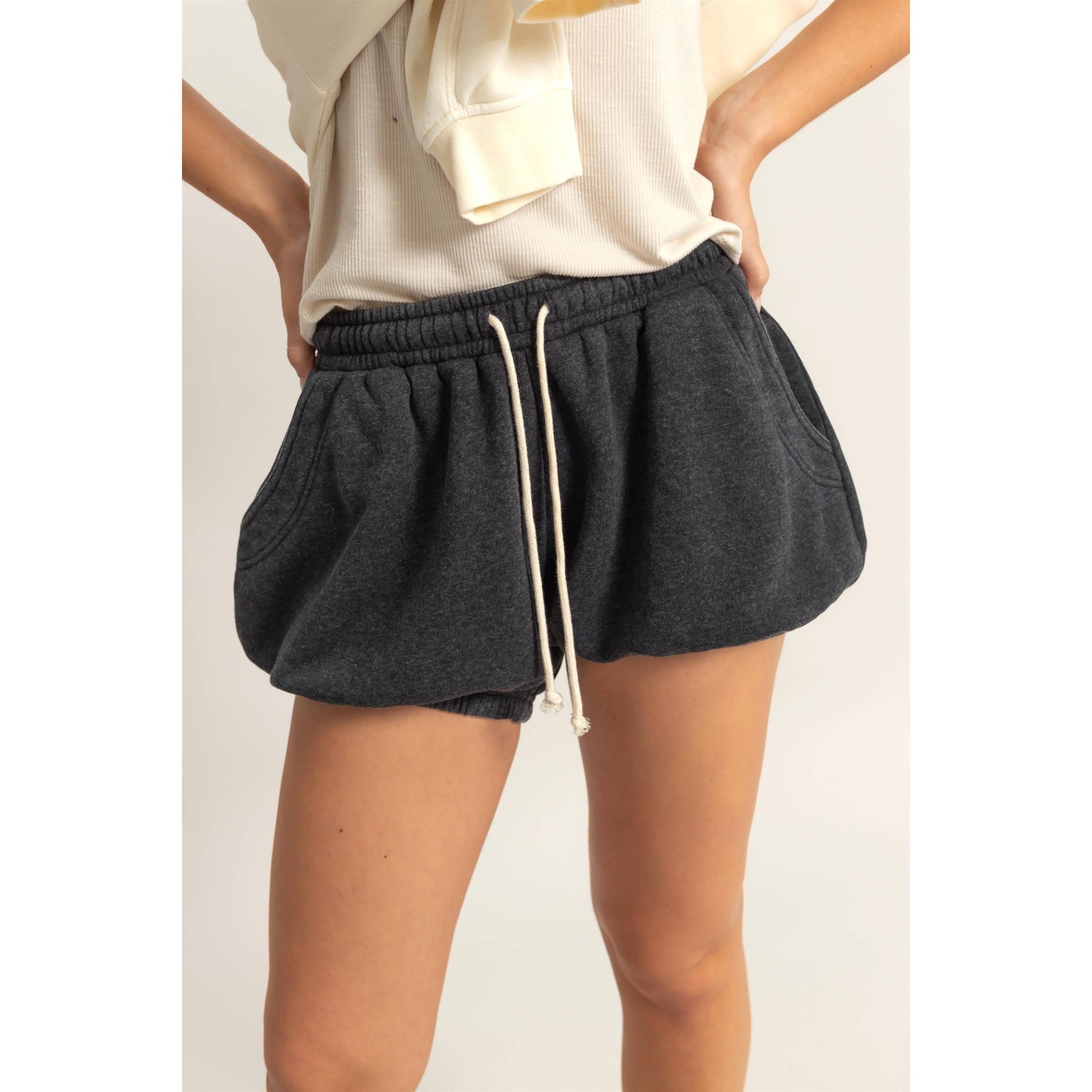 Drawstring Waist Bubbled Hem Shorts: SUNFLOWER / S-M-L(2-2-2)