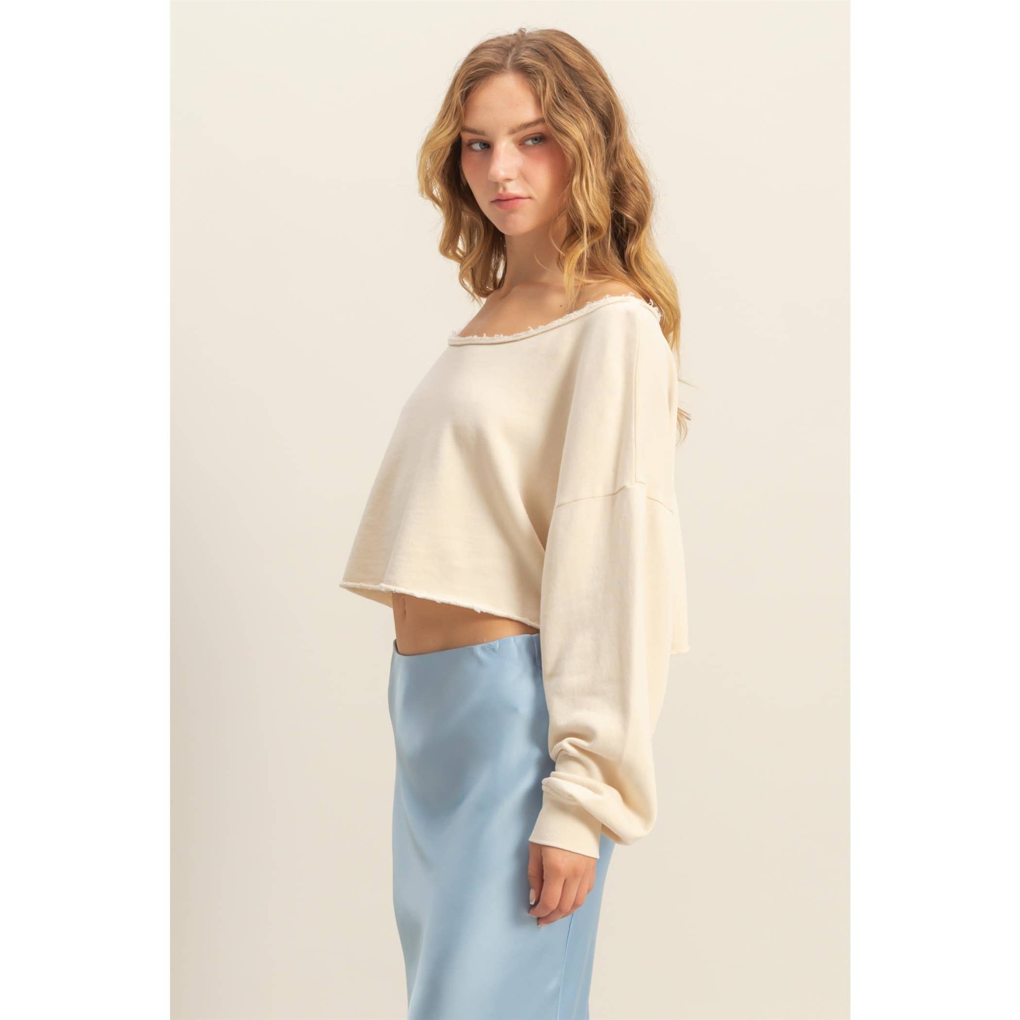 Frayed Detail Long Sleeve Crop Top: SAGE GREEN / S-M-L(2-2-2)