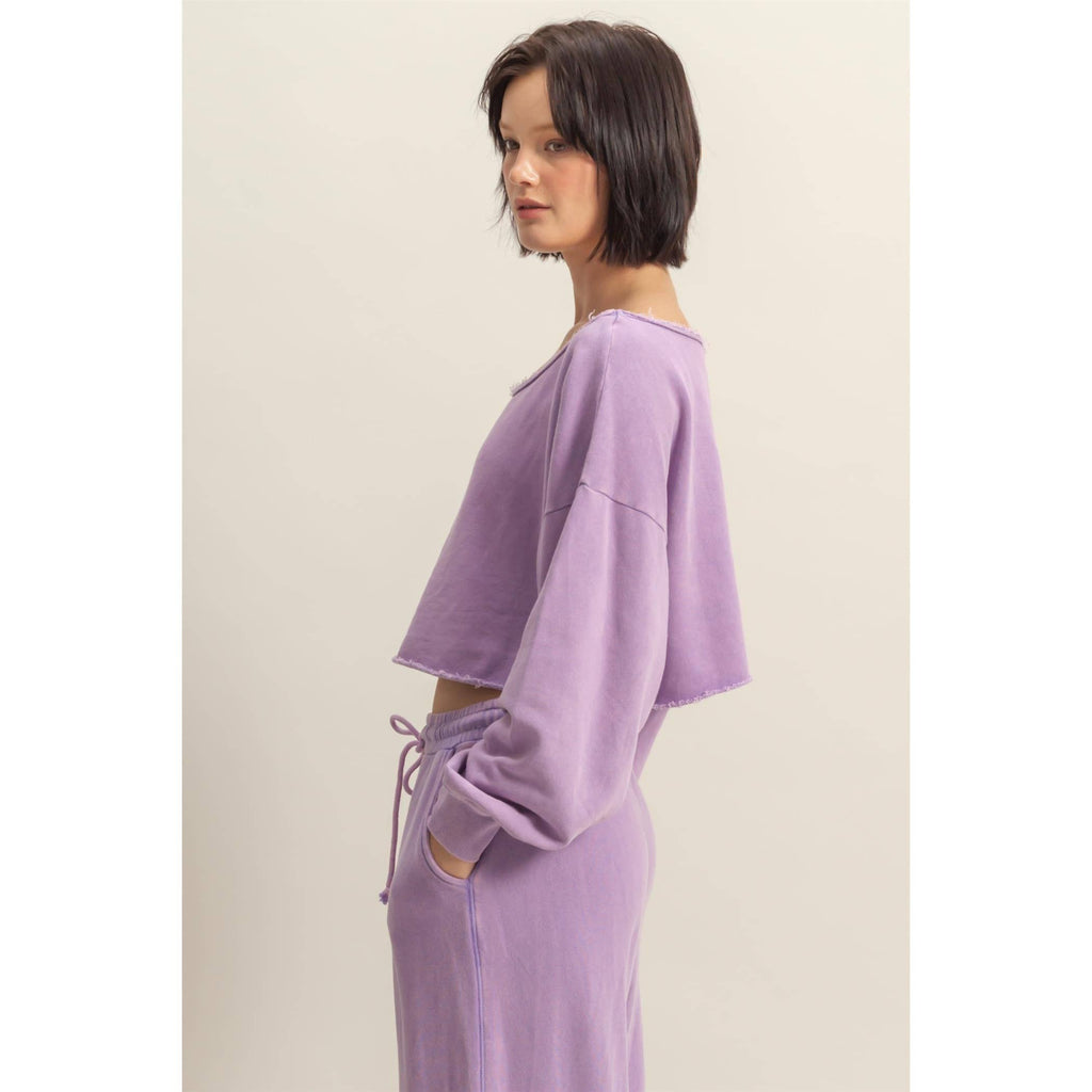 Frayed Detail Long Sleeve Crop Top: SAGE GREEN / S-M-L(2-2-2)