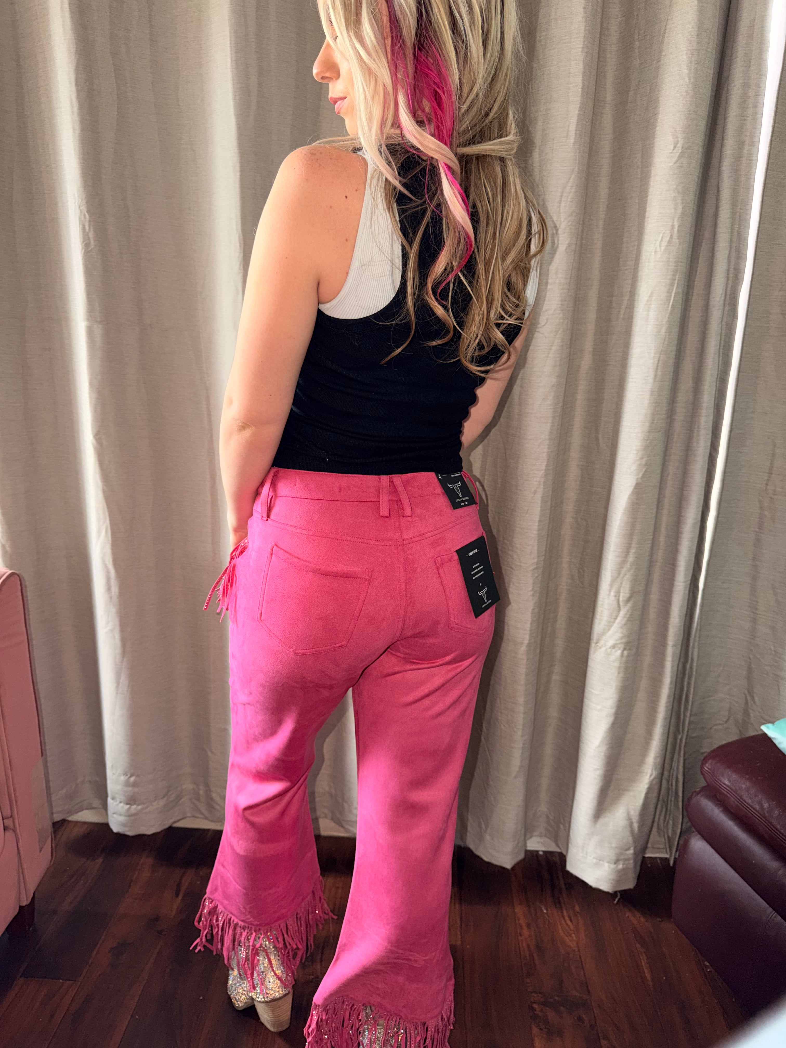 Pink Suede Crop Rhinestone Pants