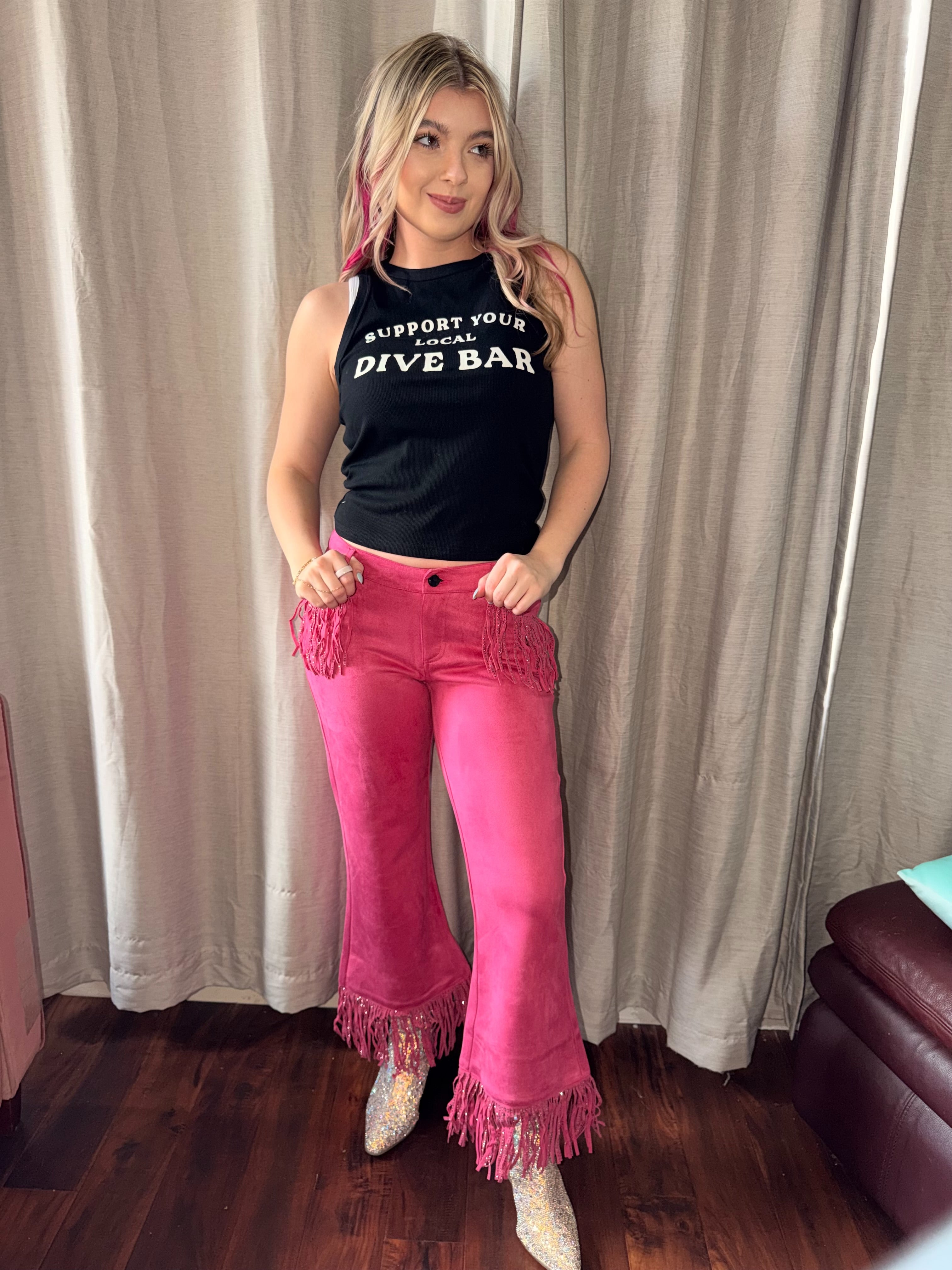 Pink Suede Crop Rhinestone Pants