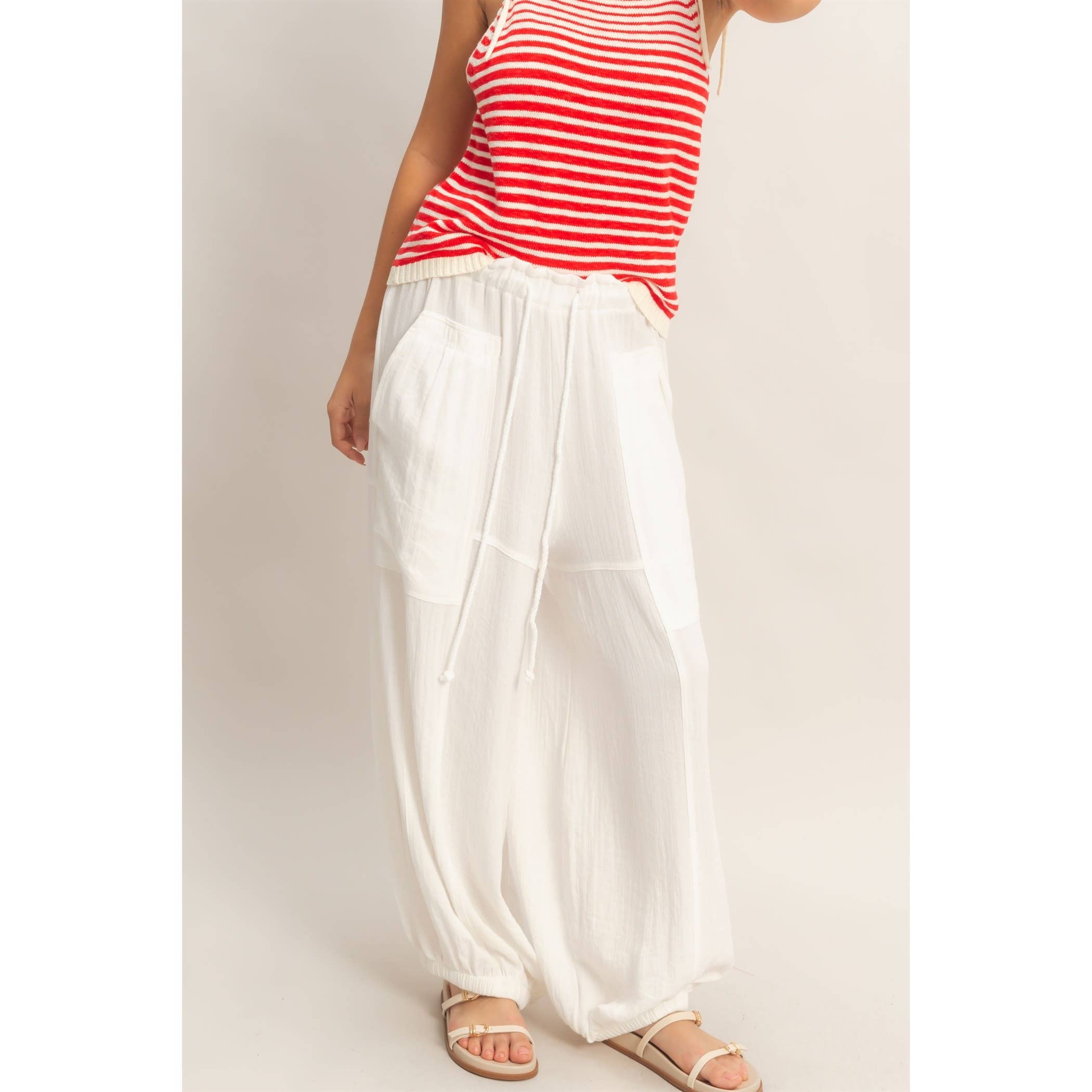 Elastic Hem Drawstring Pants: DUSTY SAGE / S-M-L(2-2-2)