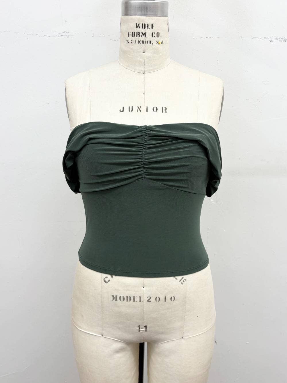 Off Shoulder Ruched ITY Crop Top: Olive / M