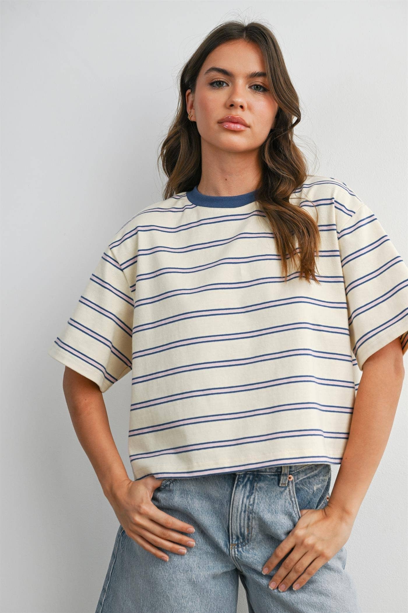 Striped Boxy Cropped T-Shirt - BMT8347: GREEN / PINK / S