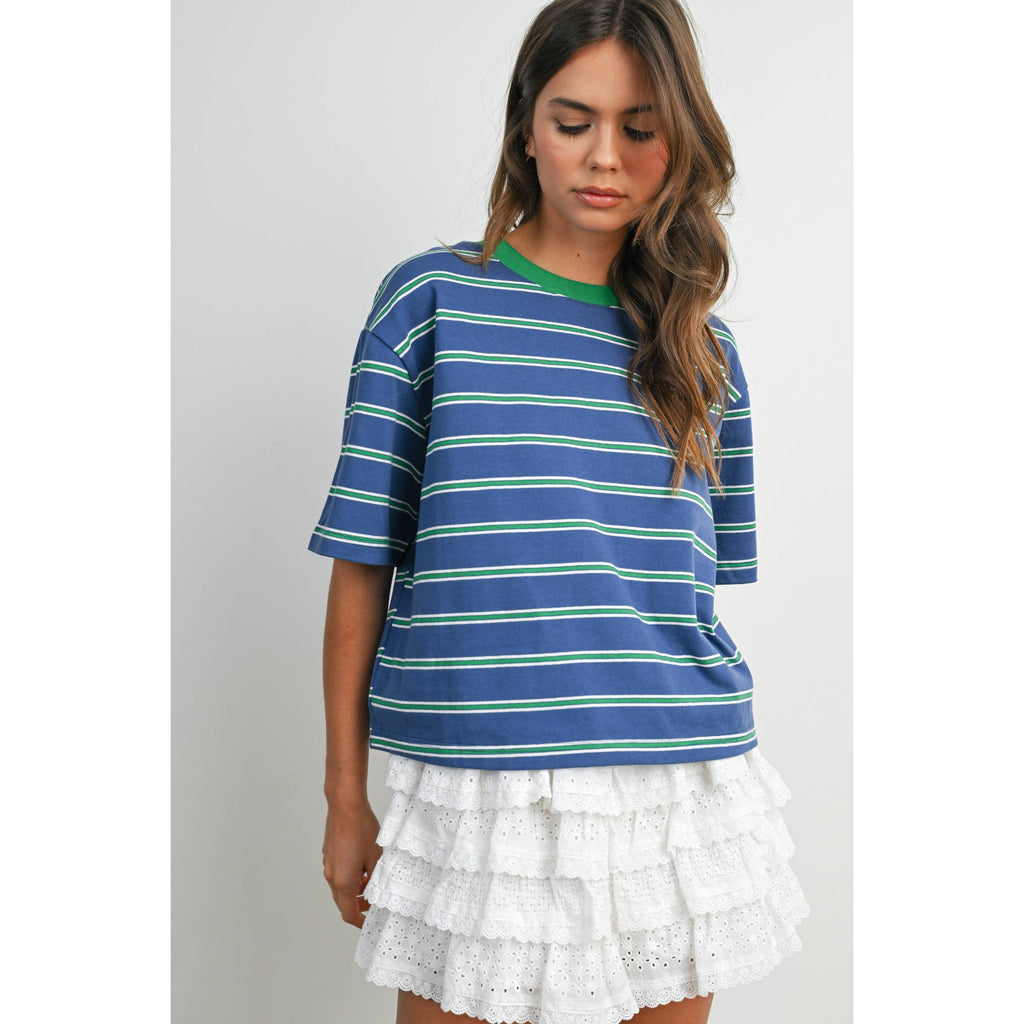 Striped Boxy Cropped T-Shirt - BMT8347: GREEN / PINK / L