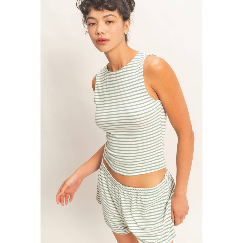 Striped Sleeveless Tank And Shorts Set: BLACK / S-M-L(2-2-2)