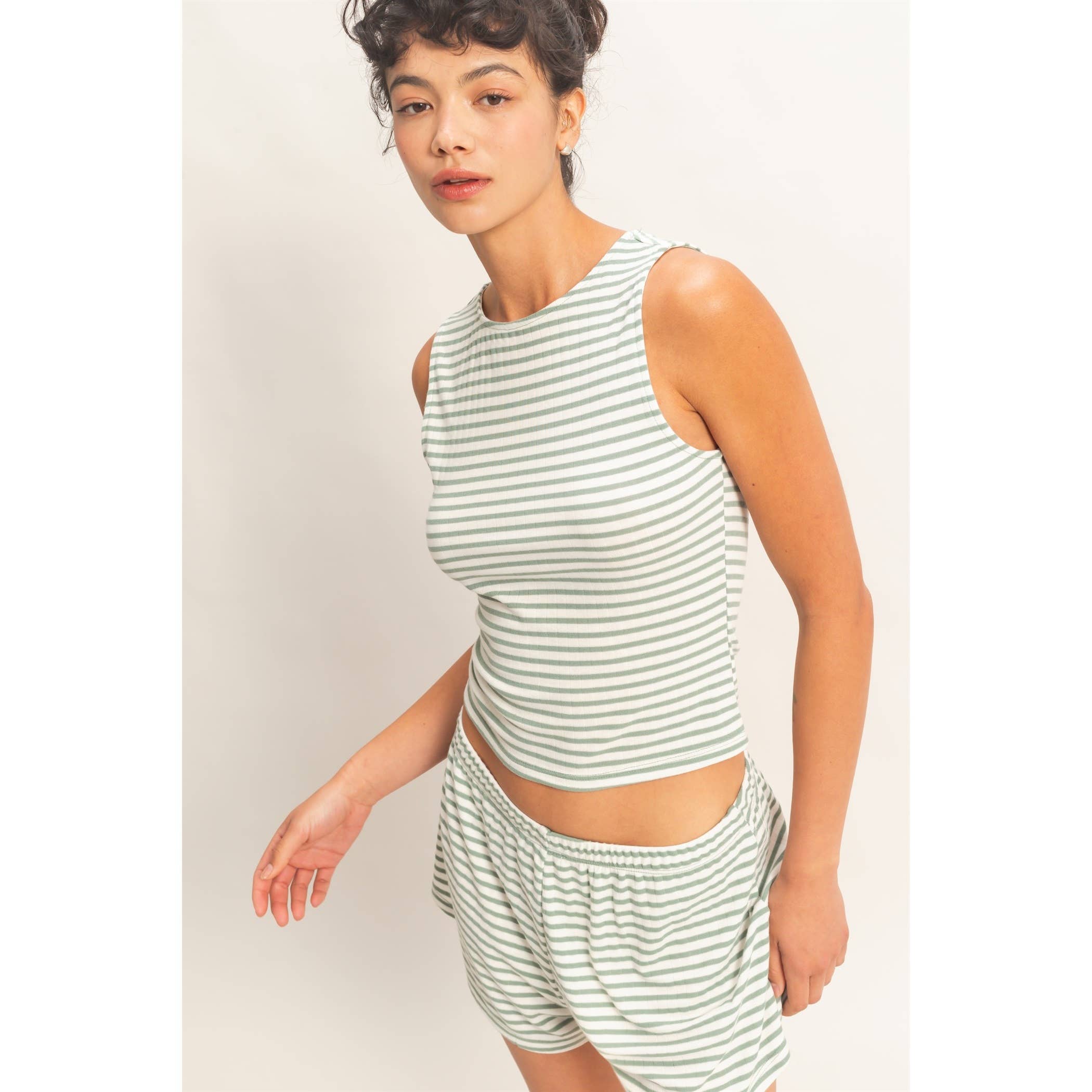 Striped Sleeveless Tank And Shorts Set: BLACK / S-M-L(2-2-2)